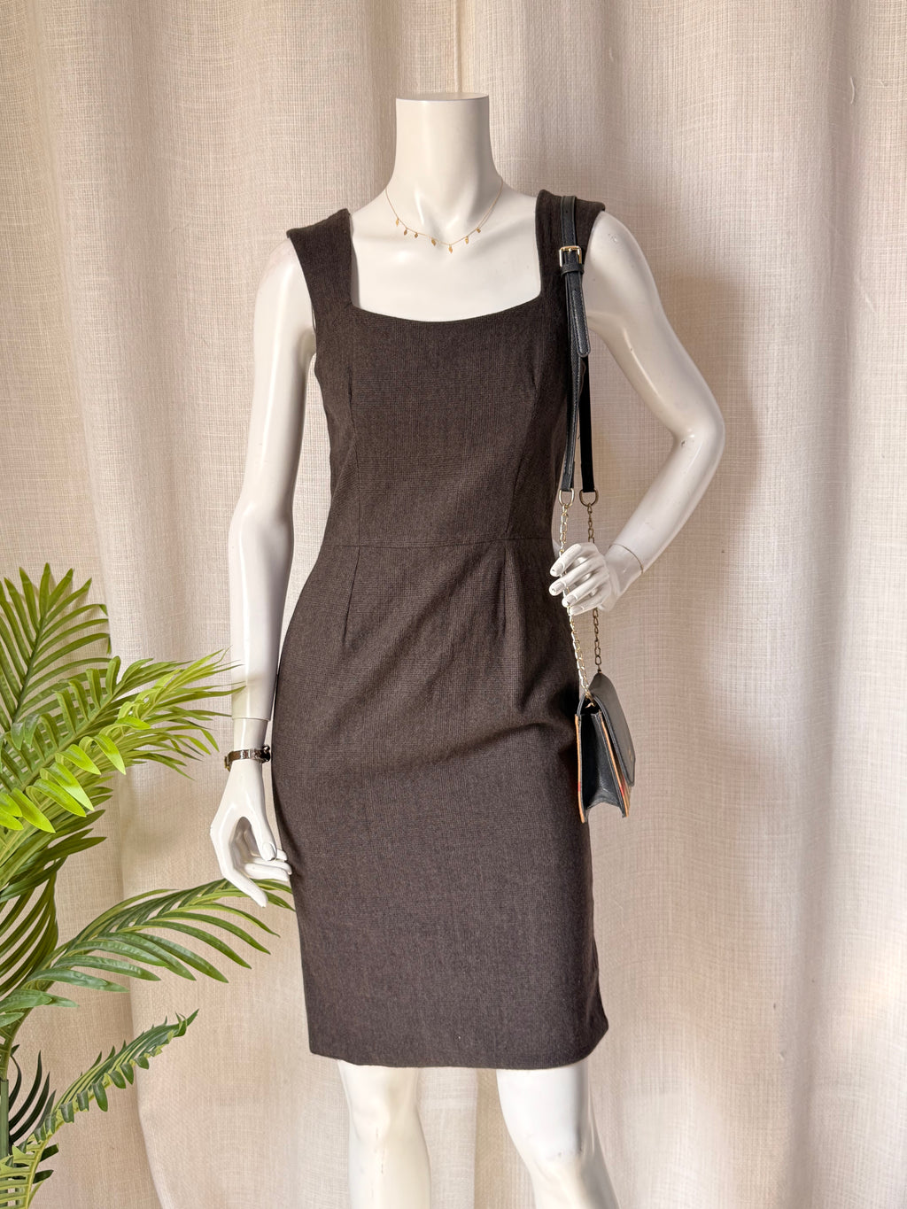 Teenflo Maurice Tarica Brown Textured Square-Neck Sheath Dress – Size 2 | Elegant Workwear & Office Dress