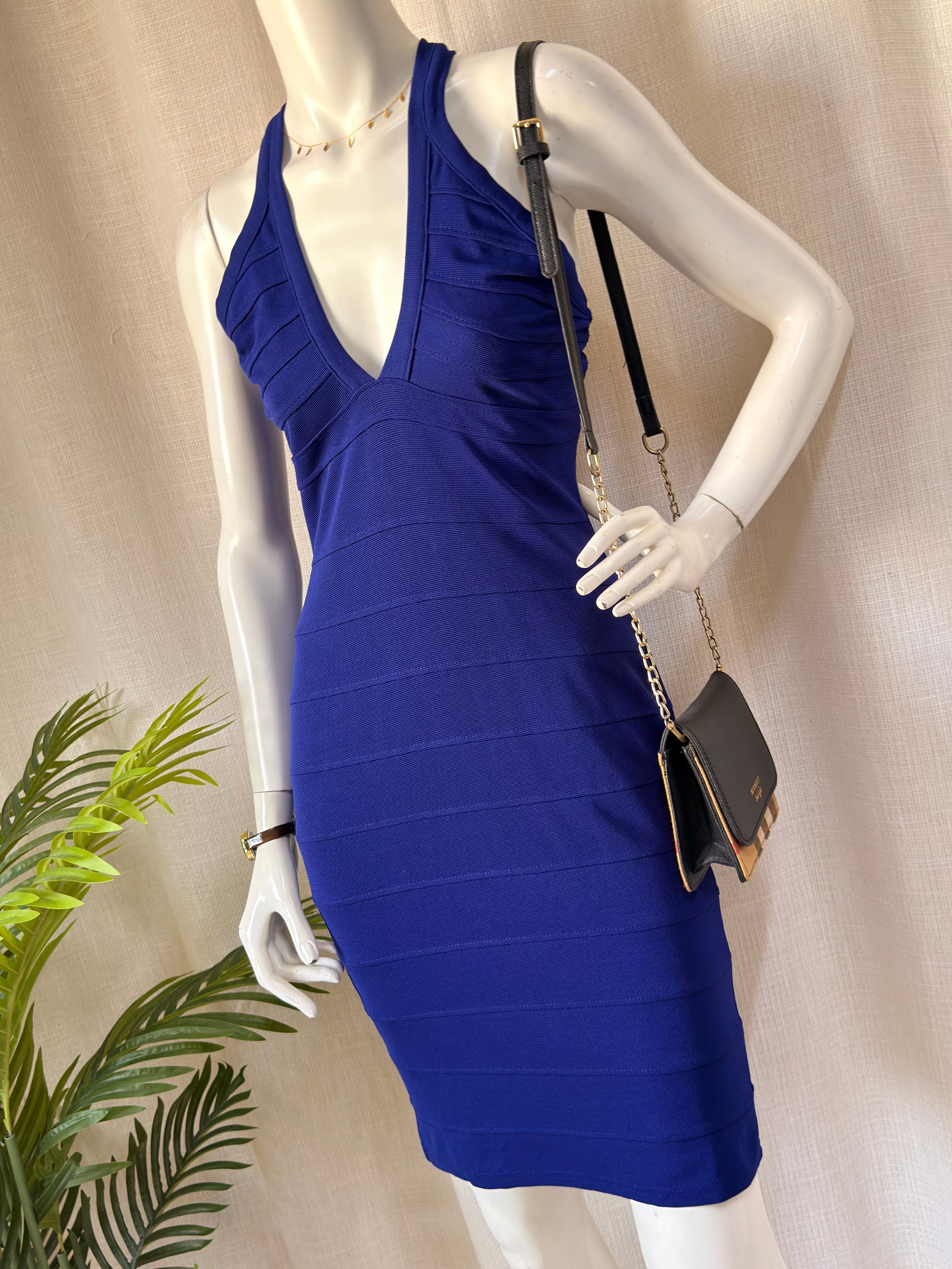 Miusol Royal Blue Bandage Bodycon Dress - Size L - Halter Neck Evening Wear