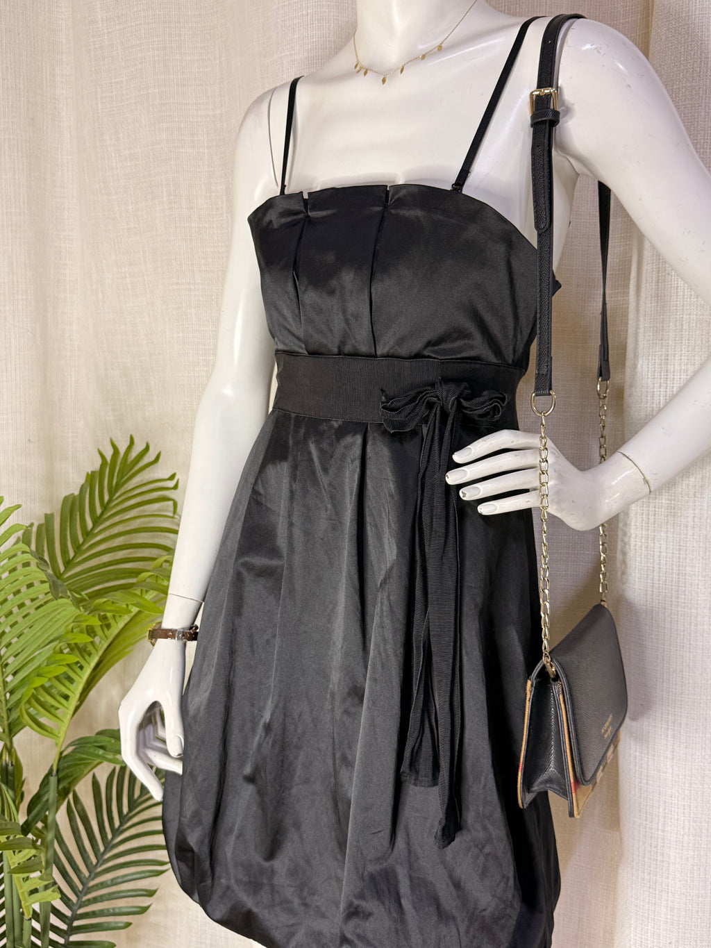 Morgan De Toi Black Satin Cocktail Mini Dress with Ribbon Tie – Size Small (Excellent Condition)