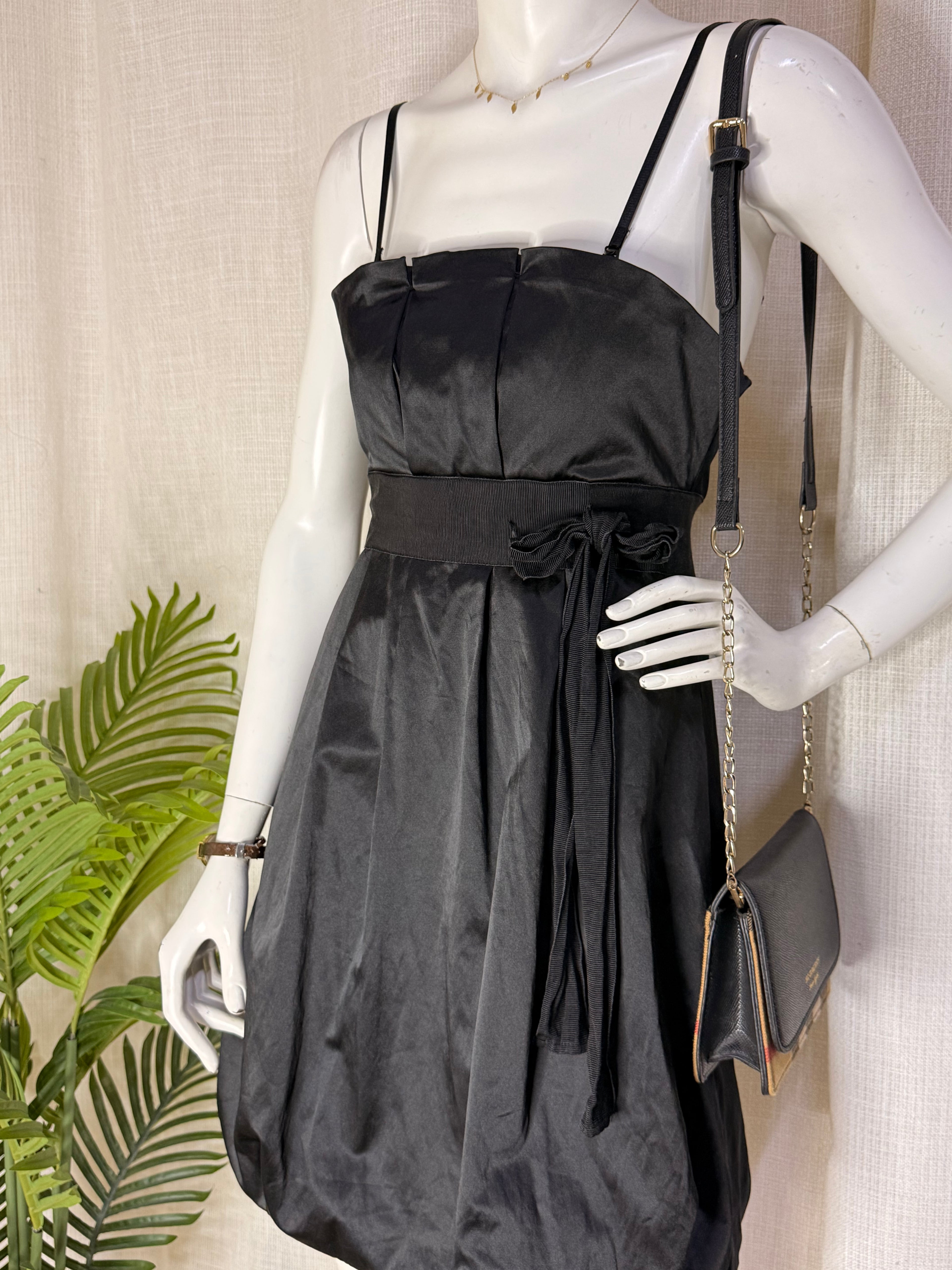 Morgan De Toi Black Satin Cocktail Mini Dress with Ribbon Tie – Size Small (Excellent Condition)