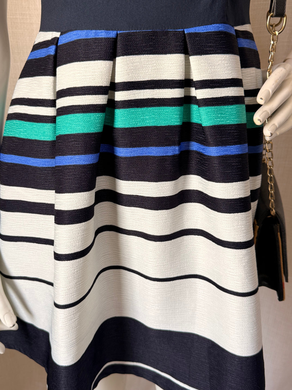 Navy Sleeveless Skater Dress with Vibrant Striped Pleated Skirt - Small