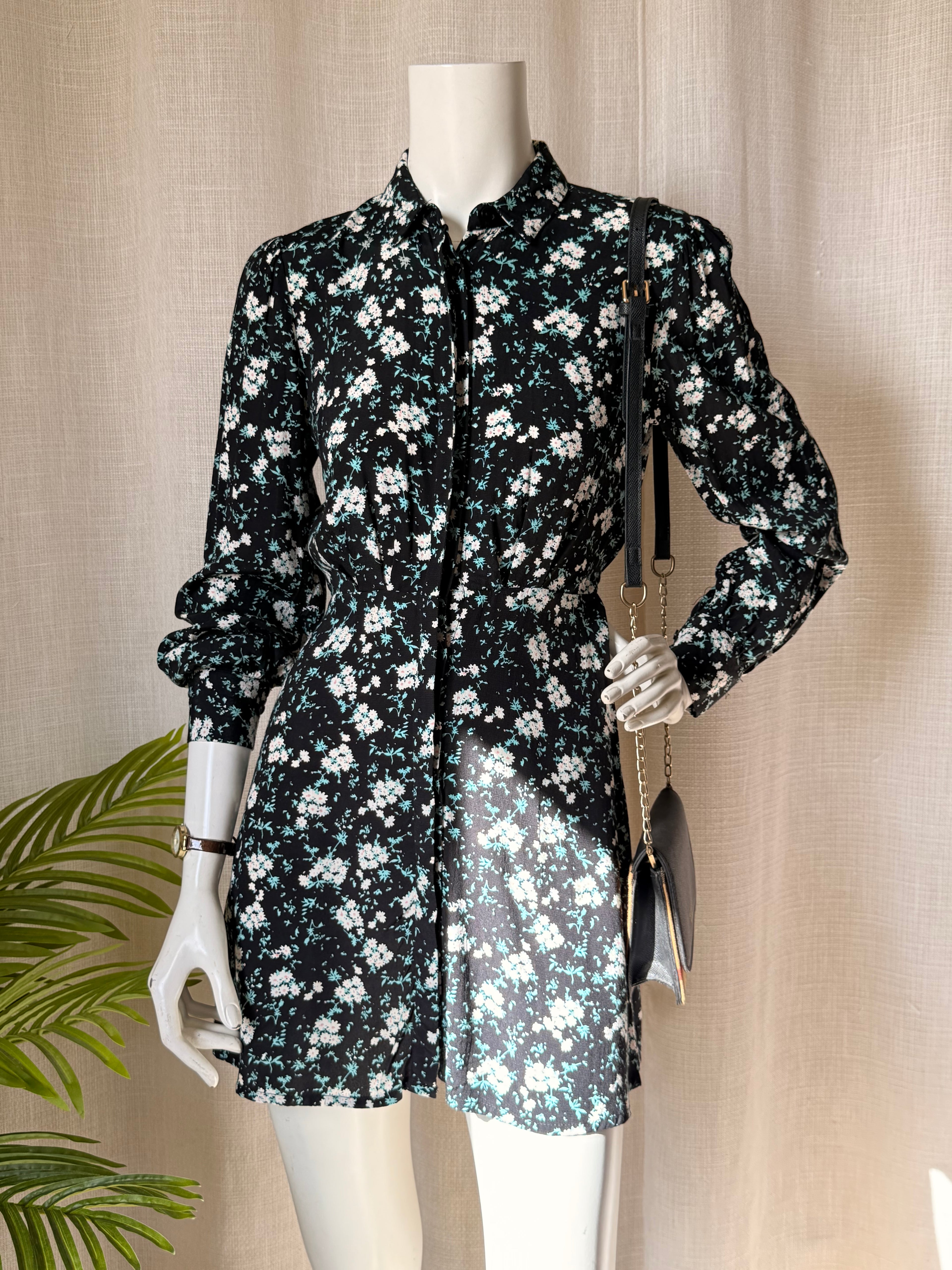 Pimkie Floral Shirt Dress - Black & Teal A-Line Button-Down - Size Medium
