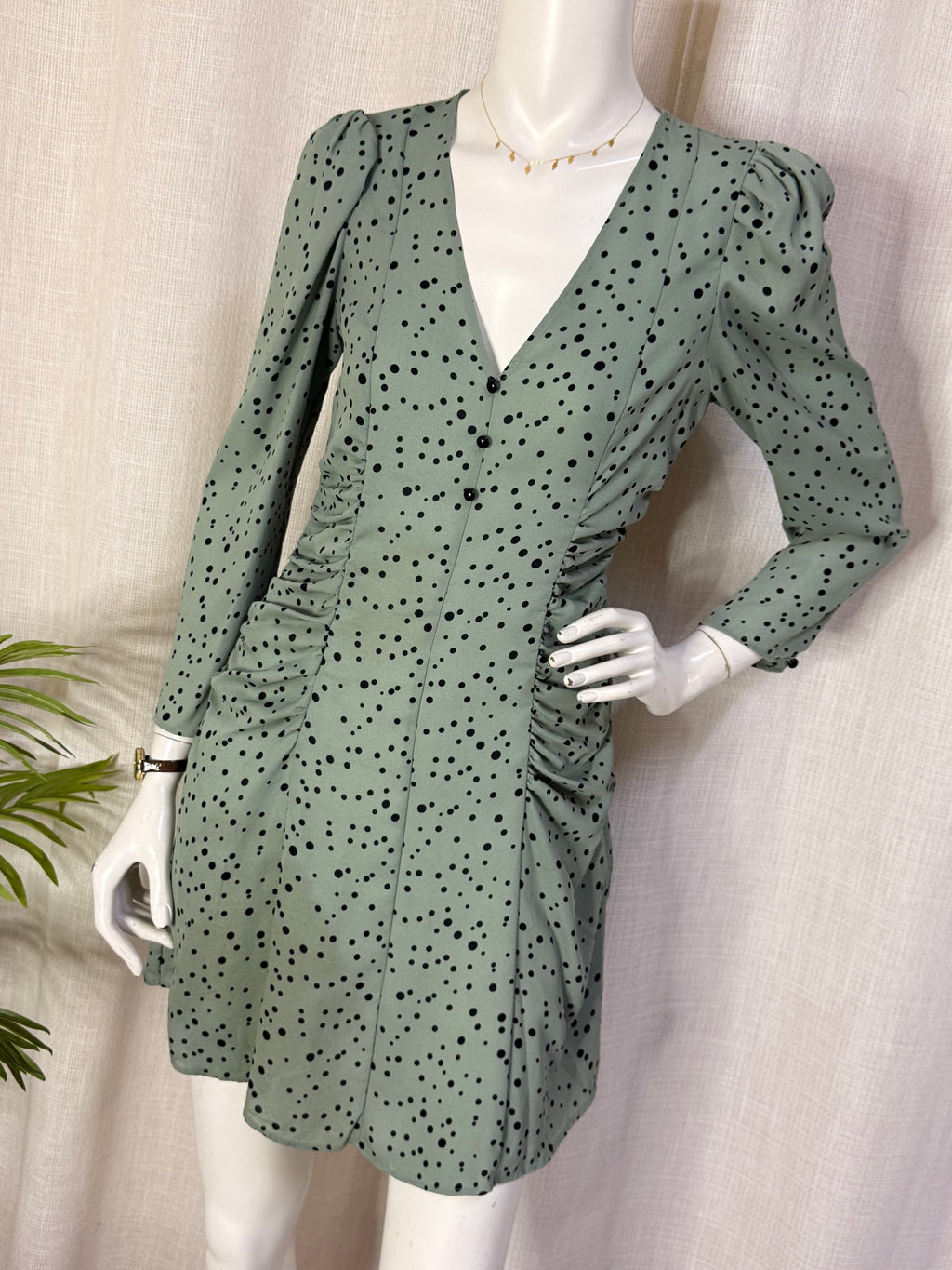 Zara Sage Green Polka Dot Ruched Button-Front Mini Dress - Size M