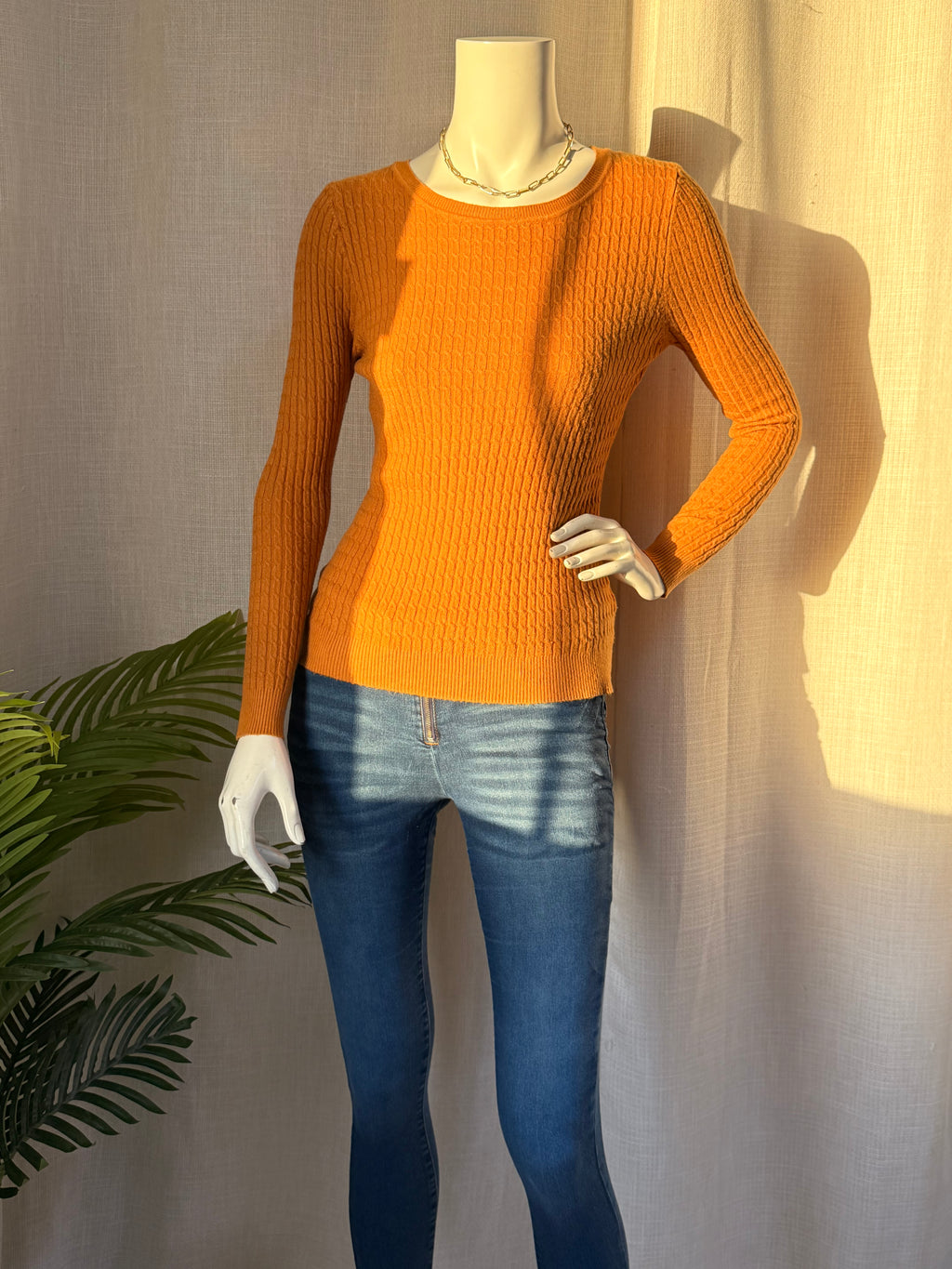 Honey-Mustard Micro-Cable Knit Sweater | Small