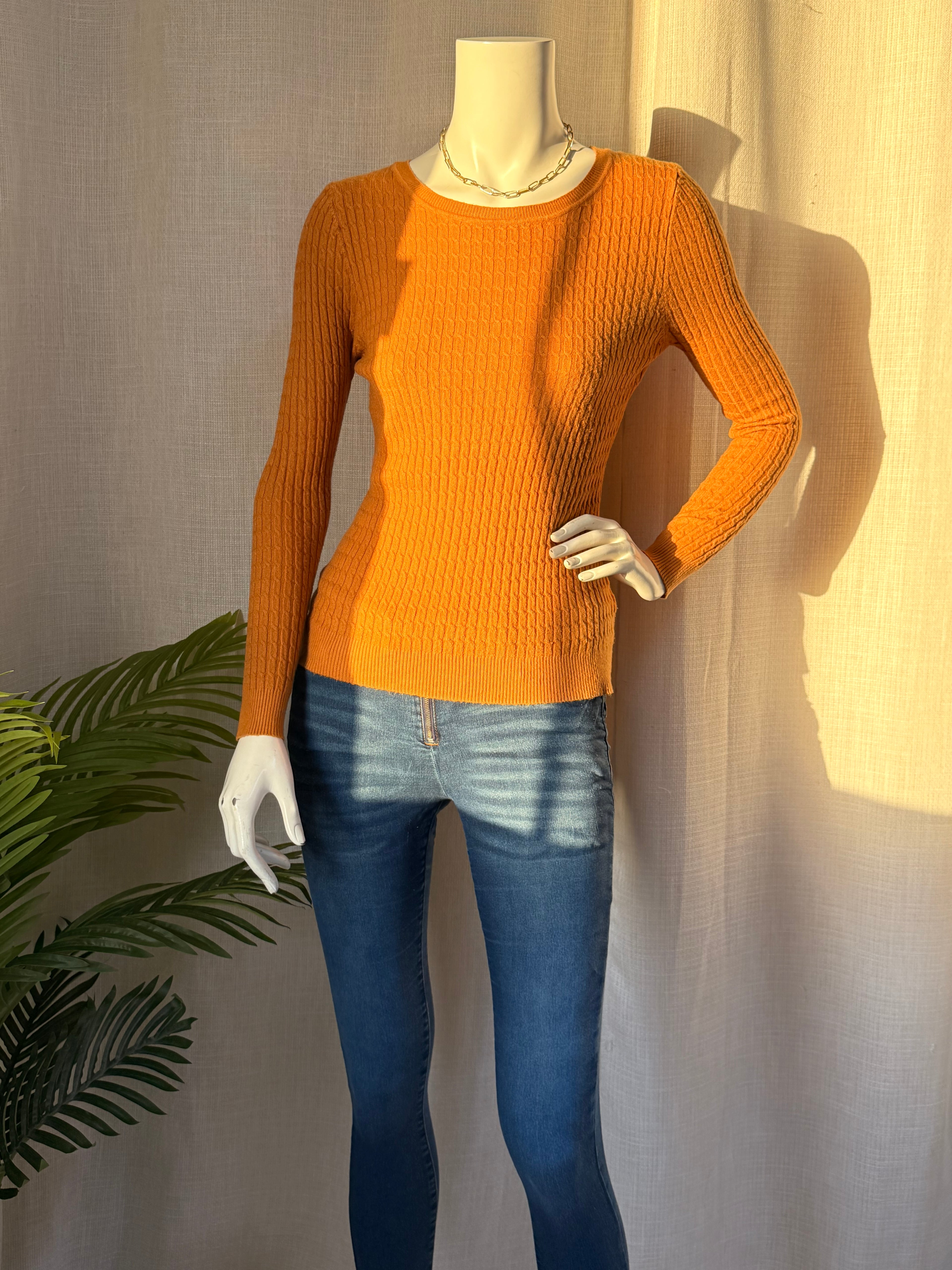 Honey-Mustard Micro-Cable Knit Sweater | Small