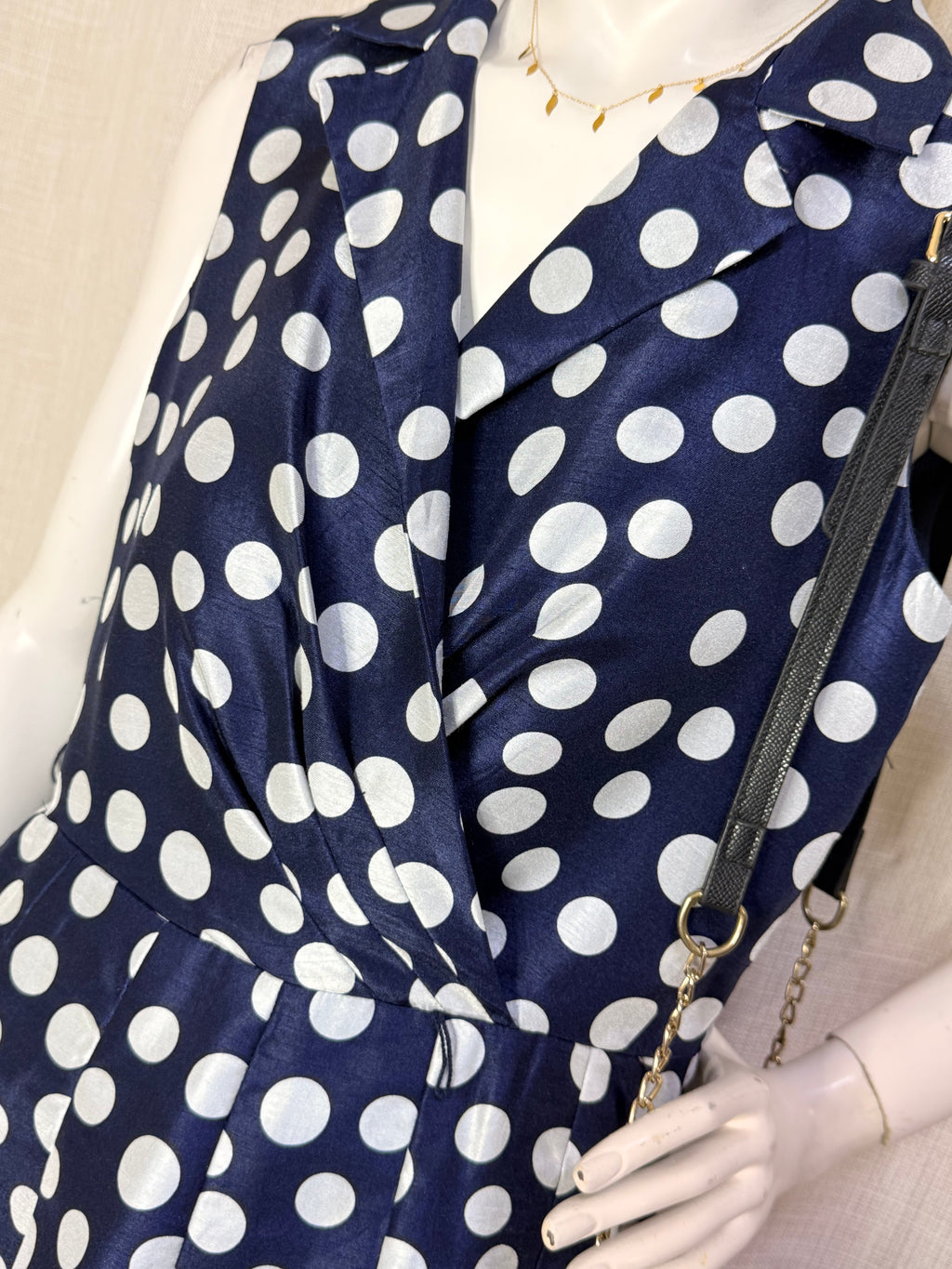 Jessica Howard Navy & White Polka Dot Lapel Wrap Midi Dress – Size UK 14 / US 10 | Large