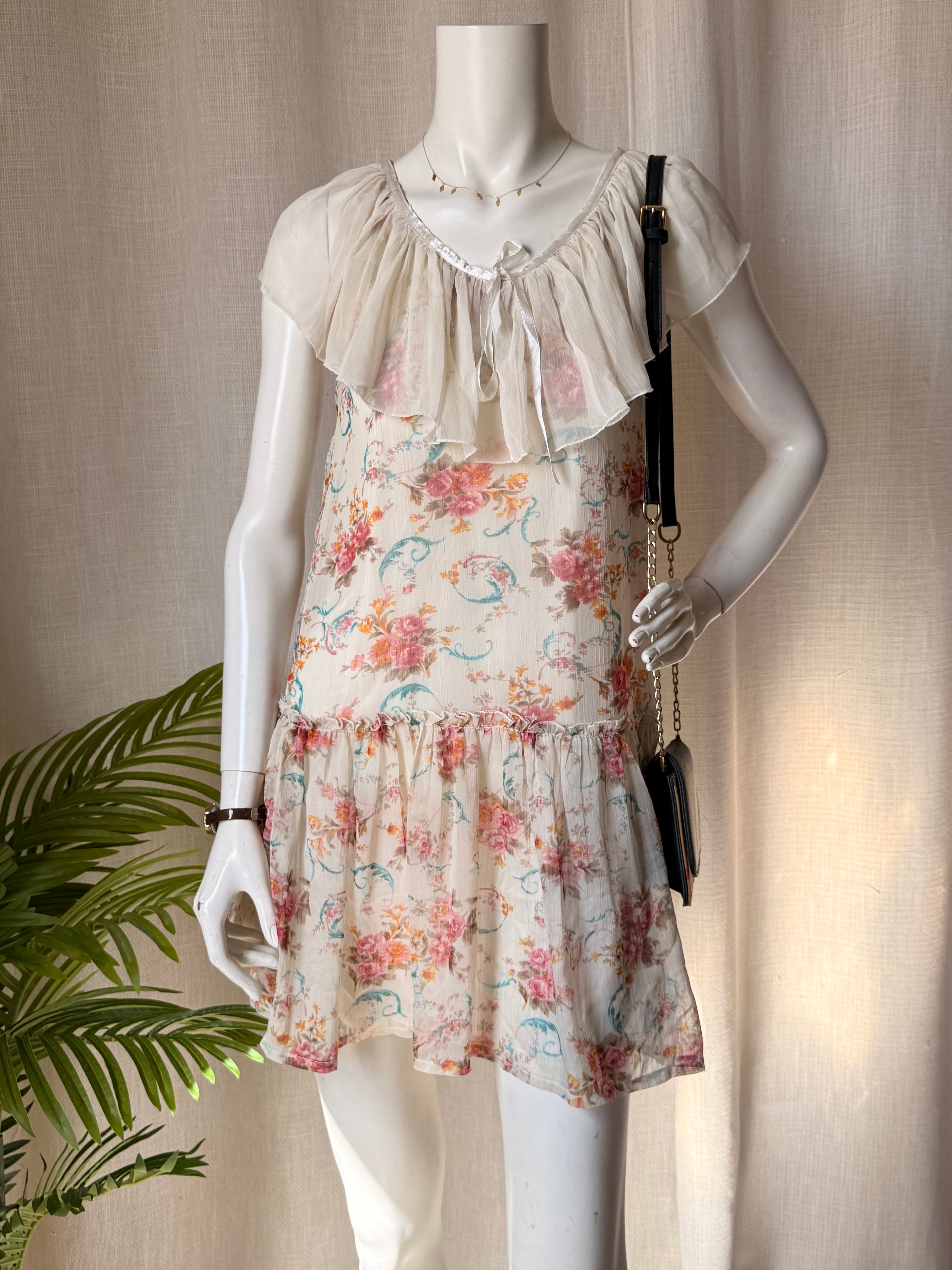 Vintage Floral Coquette Mini Dress - Sheer Ruffle Neckline & Drop Waist - Size Small