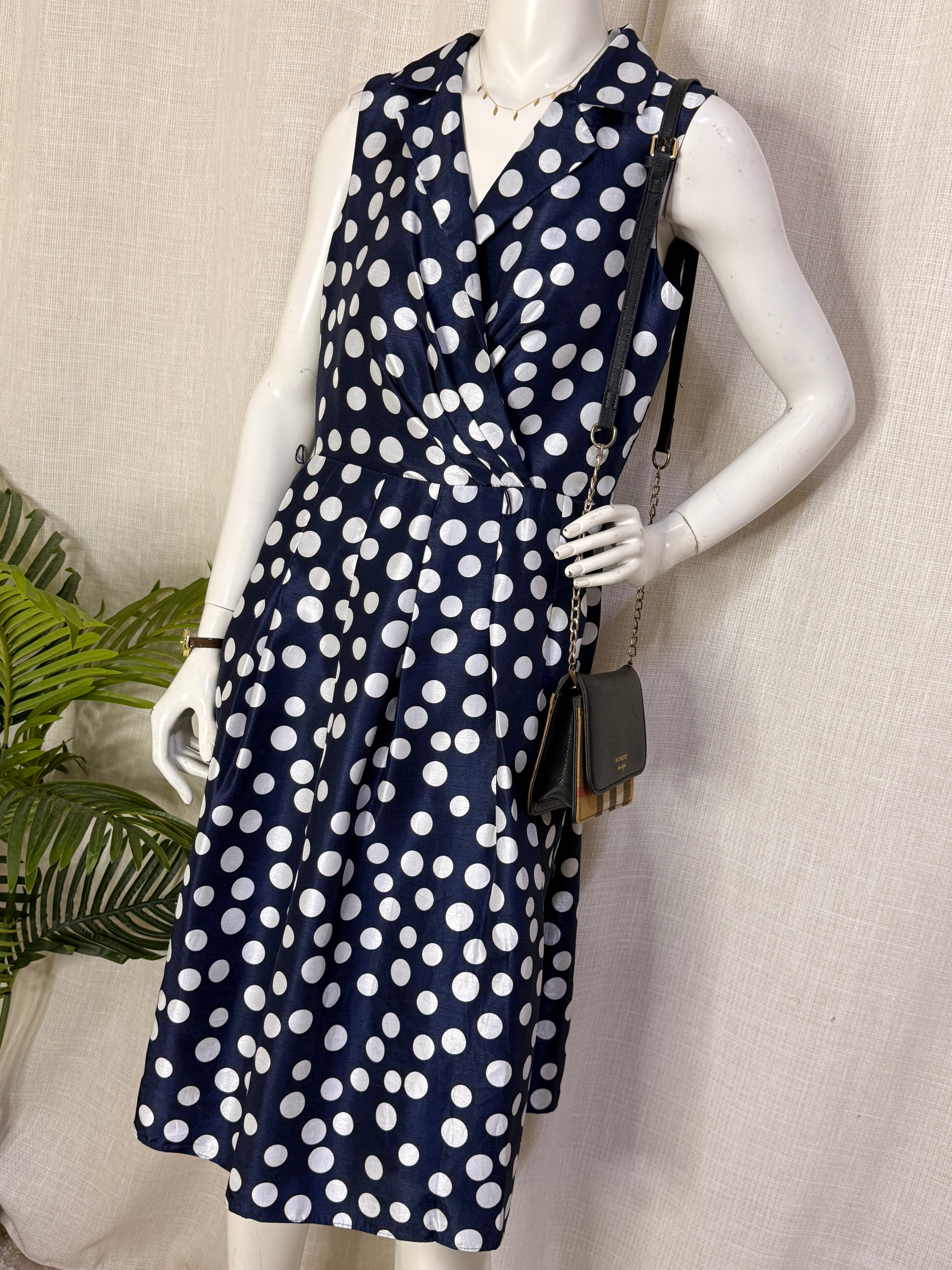 Jessica Howard Navy & White Polka Dot Lapel Wrap Midi Dress – Size UK 14 / US 10 | Large