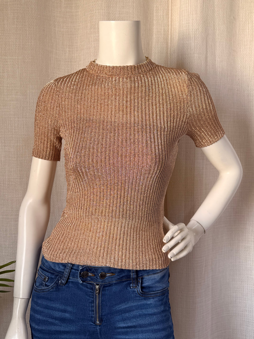 H&M Rose Gold Metallic Ribbed Knit Top - Size XS
