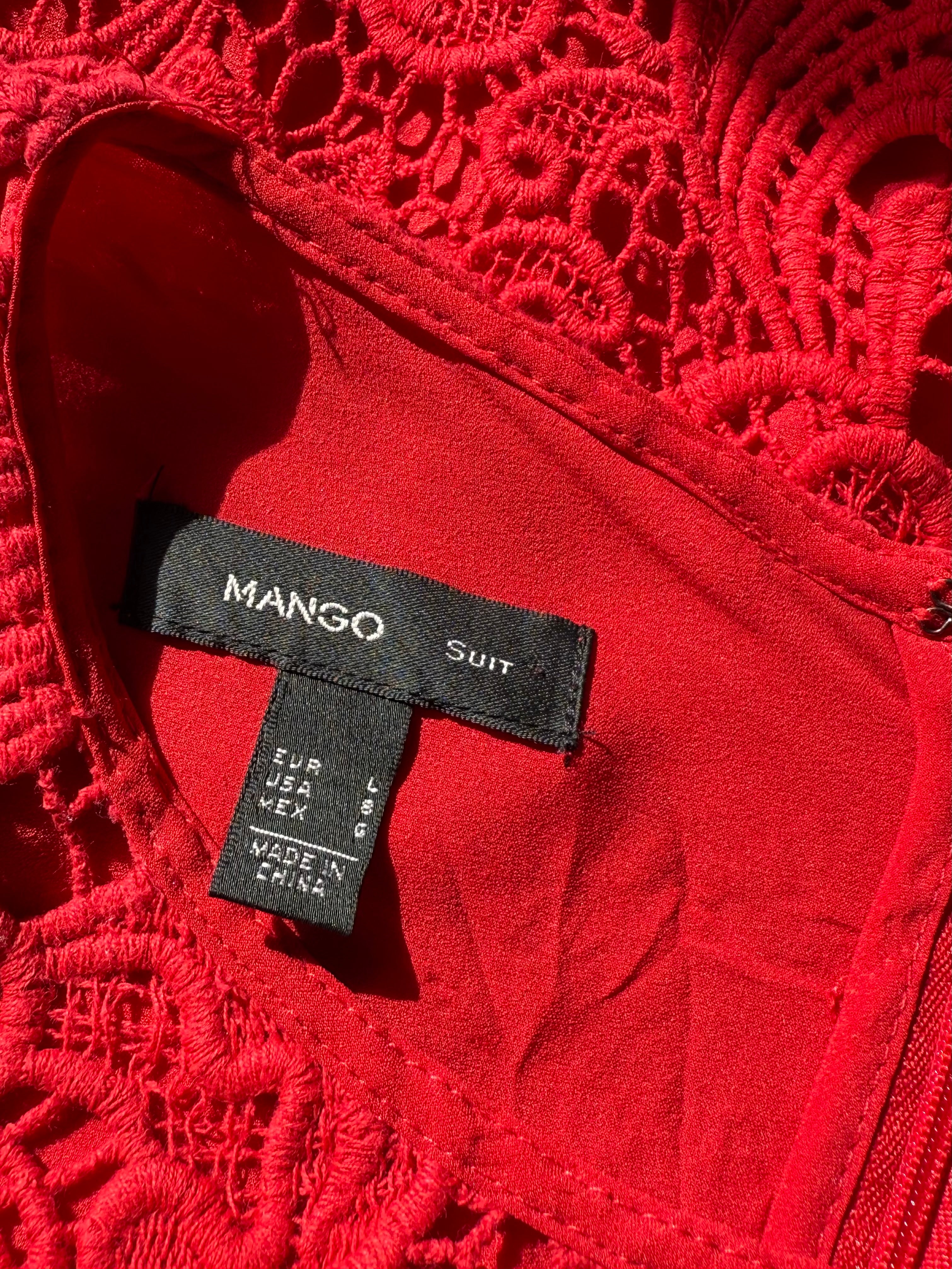Striking Red Elegance: Pre-loved MANGO Lace Dress (Large)