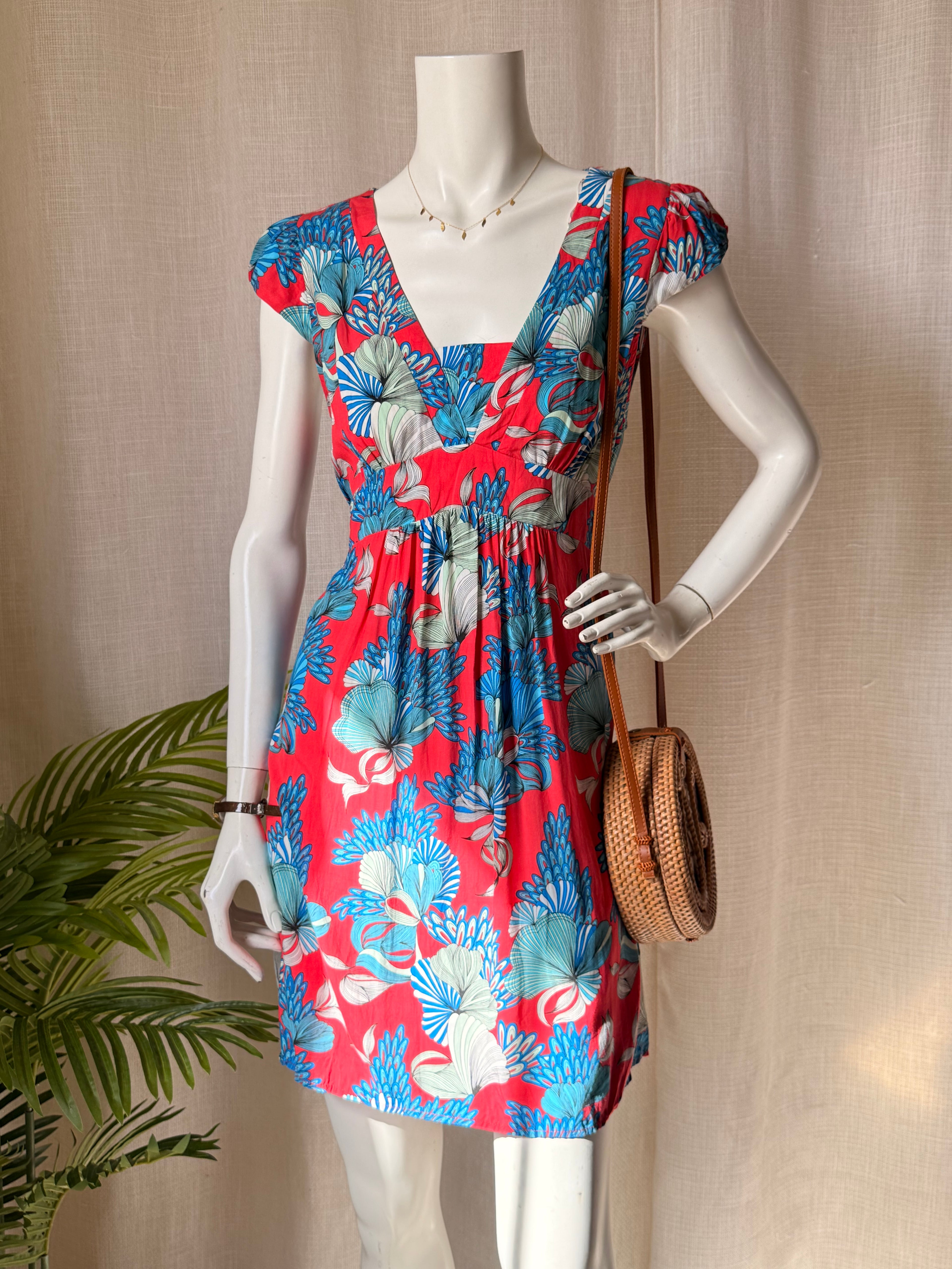 Sunny Girl Australian Boutique Floral Mini Dress - Red & Blue - Size 12 - Empire Waist