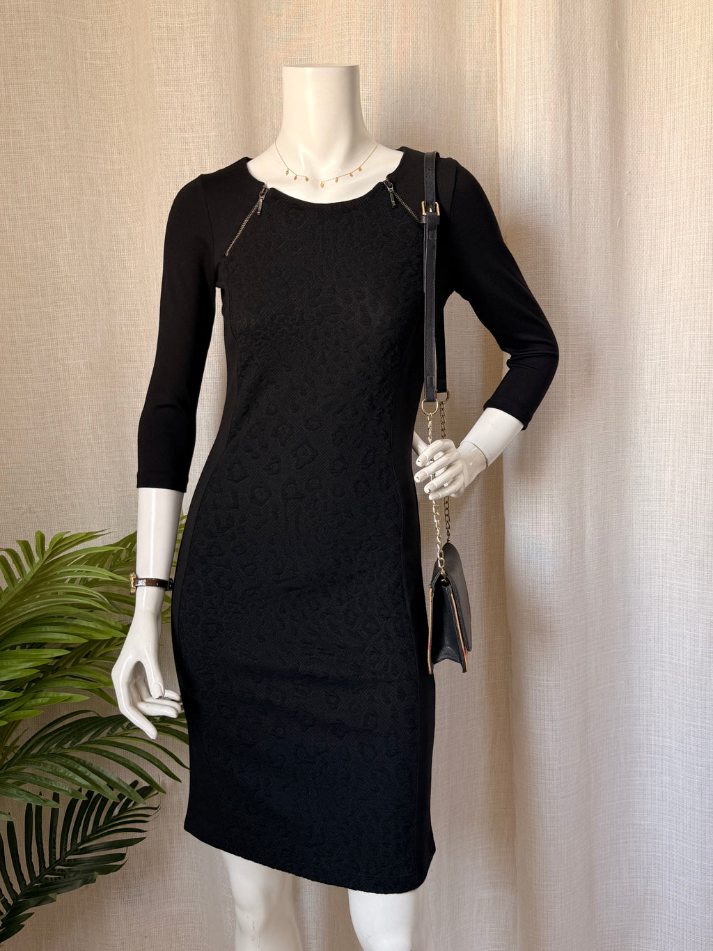 Orsay Black Leopard Jacquard Sheath Dress | 3/4 Sleeve