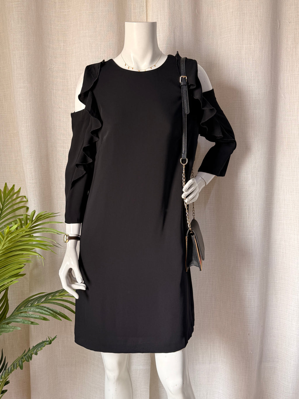 F&F Black Cold Shoulder Ruffle Shift Dress – UK 10 | Elegant Party & Evening Dress