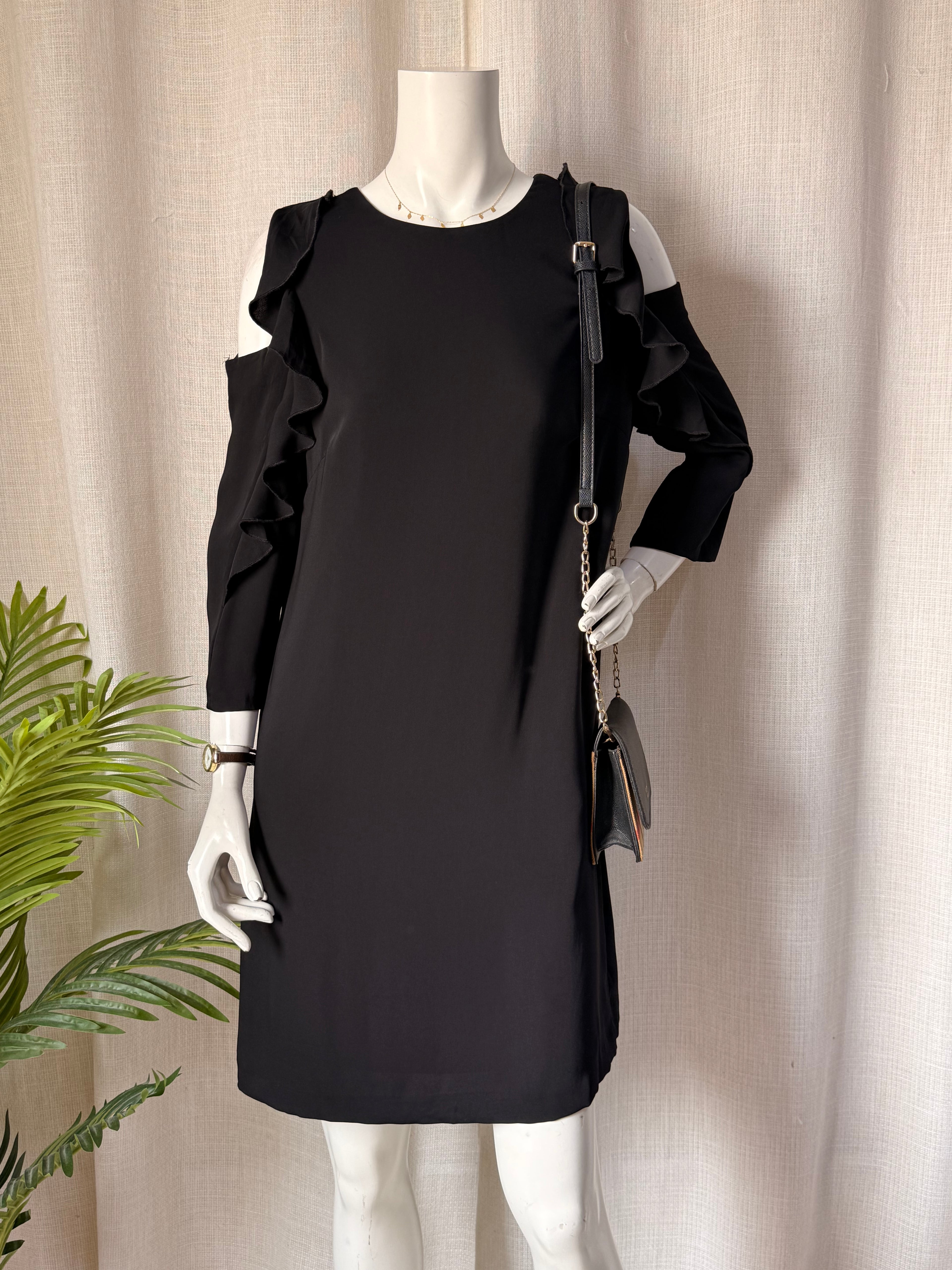 F&F Black Cold Shoulder Ruffle Shift Dress – UK 10 | Elegant Party & Evening Dress