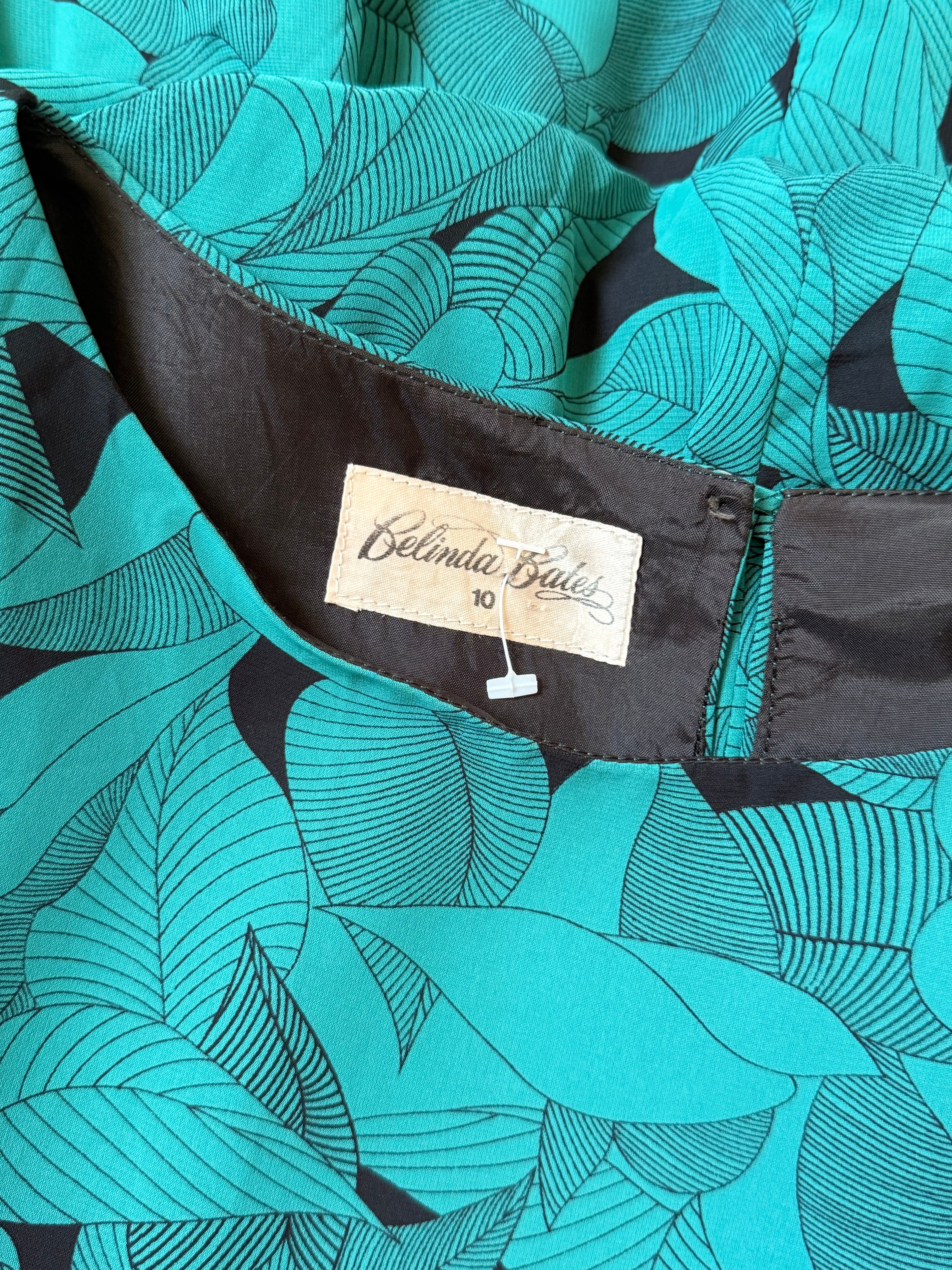 Belinda Bates Emerald Green Leaf Print Mini Dress - Puff Sleeve - Size UK 10