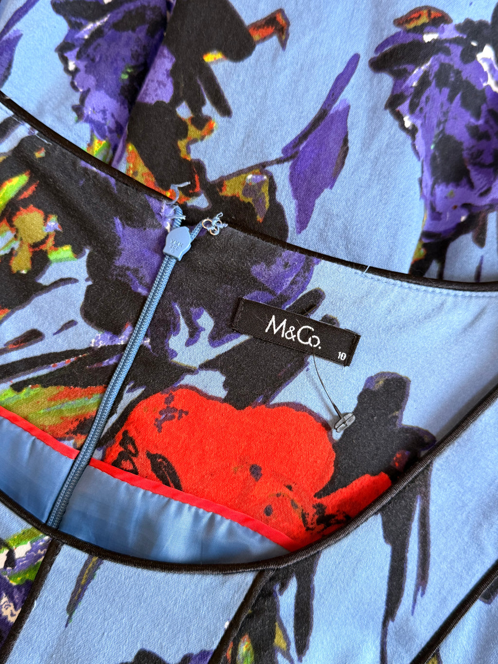M&Co. Blue Floral Fit & Flare Dress - Size UK 10 - Artistic Print Midi with Tulle Underlay