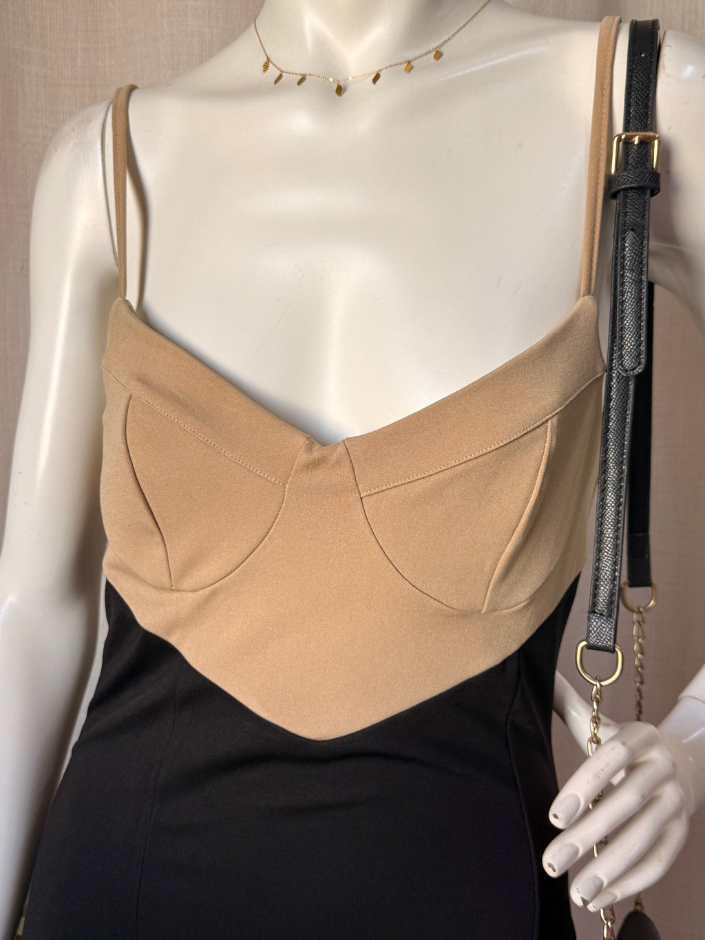 Two-Tone Corset Style Midi Dress in Beige & Black