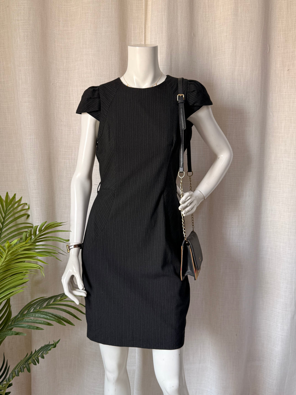 Warehouse Black Pinstripe Sheath Dress with Ruffle Sleeves – UK 12 | Office & Occasion Wear