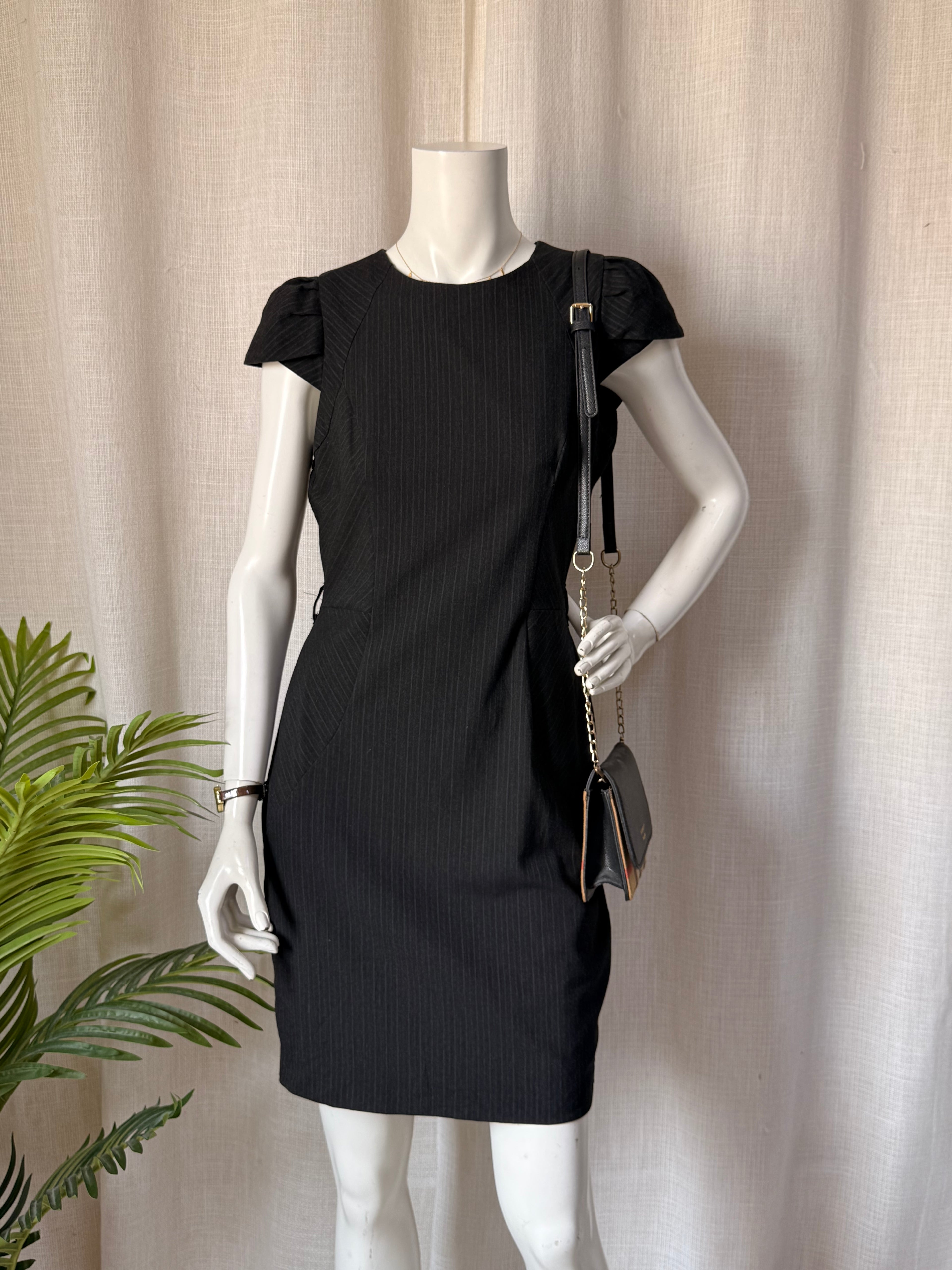 Warehouse Black Pinstripe Sheath Dress with Ruffle Sleeves – UK 12 | Office & Occasion Wear