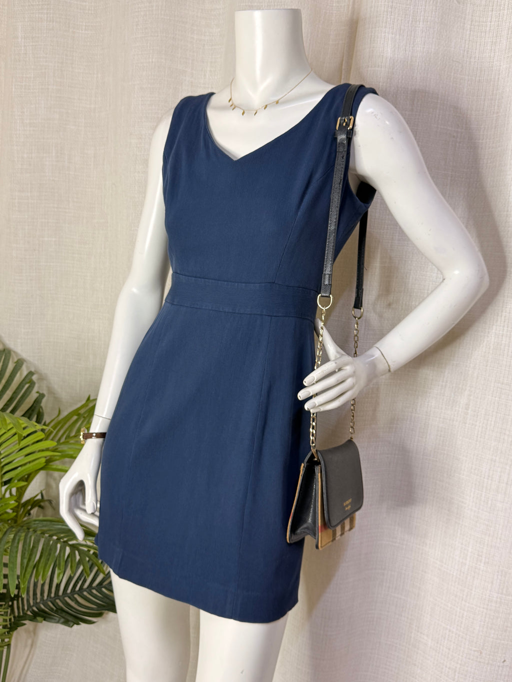 D.H.E. Business Direction Slate Blue Ribbed V-Neck Mini Shift Dress – Size M / UK 10