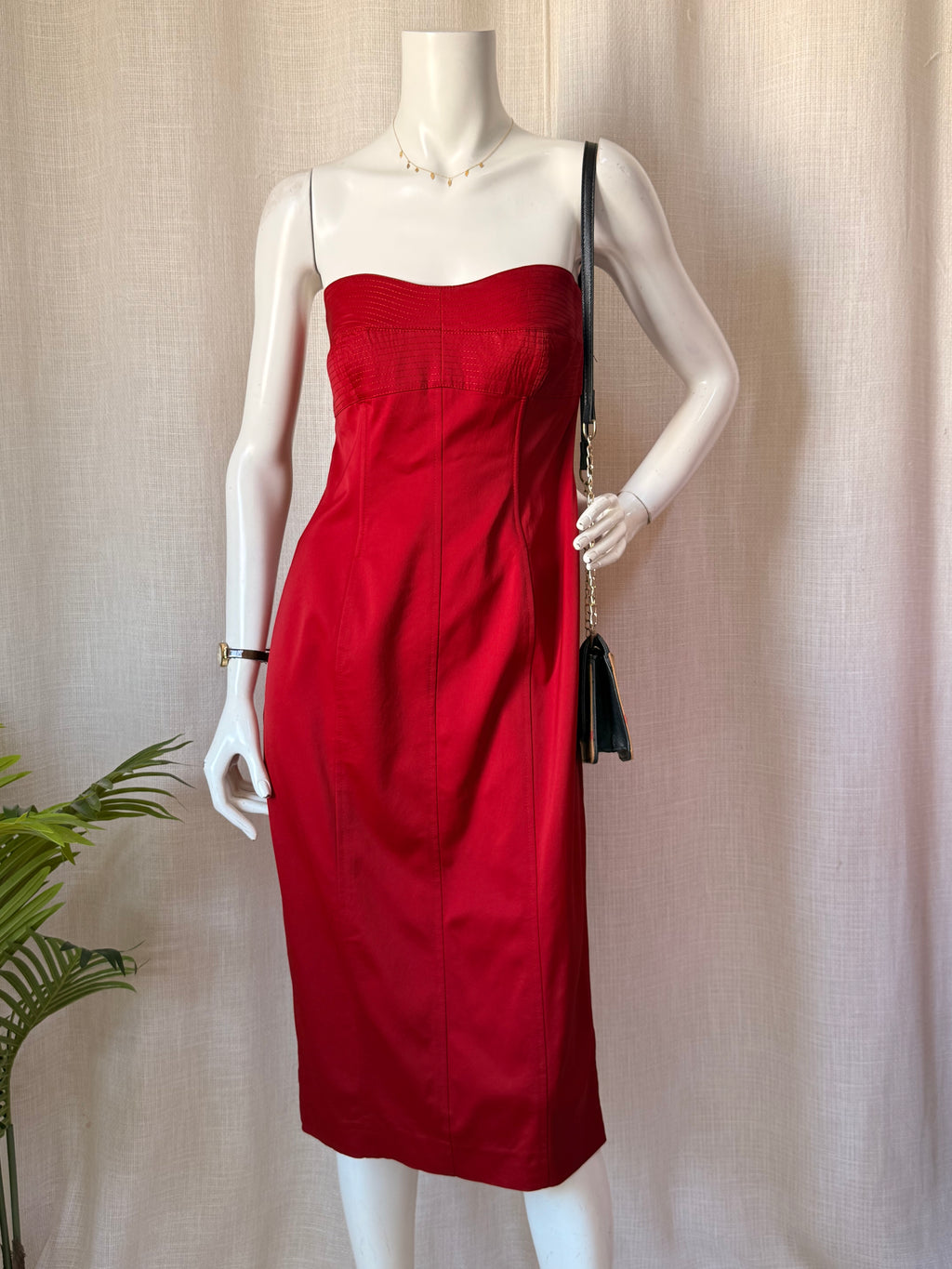 Next Strapless Panel-Stitched Red Midi Sheath Dress (Size UK 14 / EUR 42)