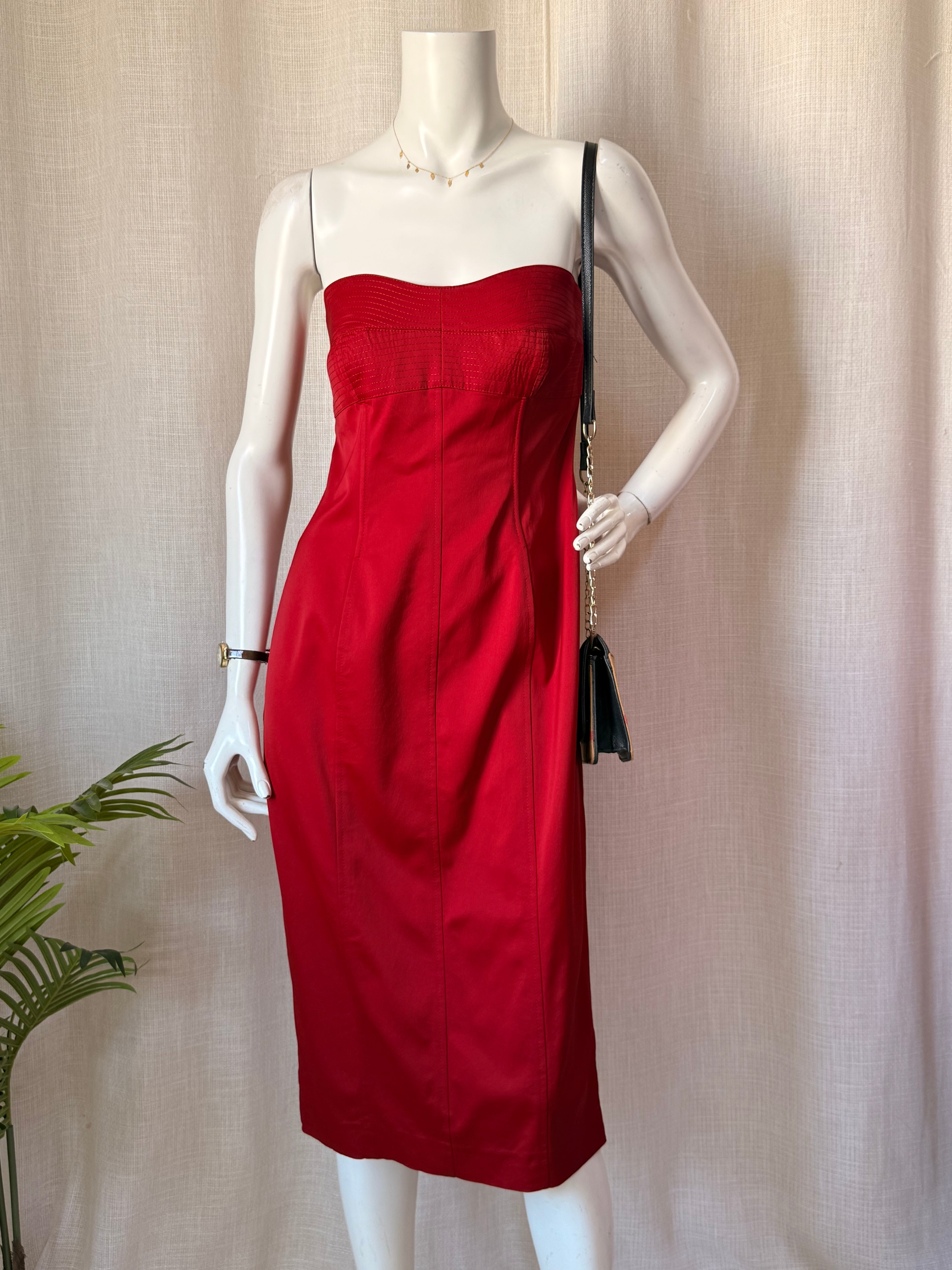 Next Strapless Panel-Stitched Red Midi Sheath Dress (Size UK 14 / EUR 42)