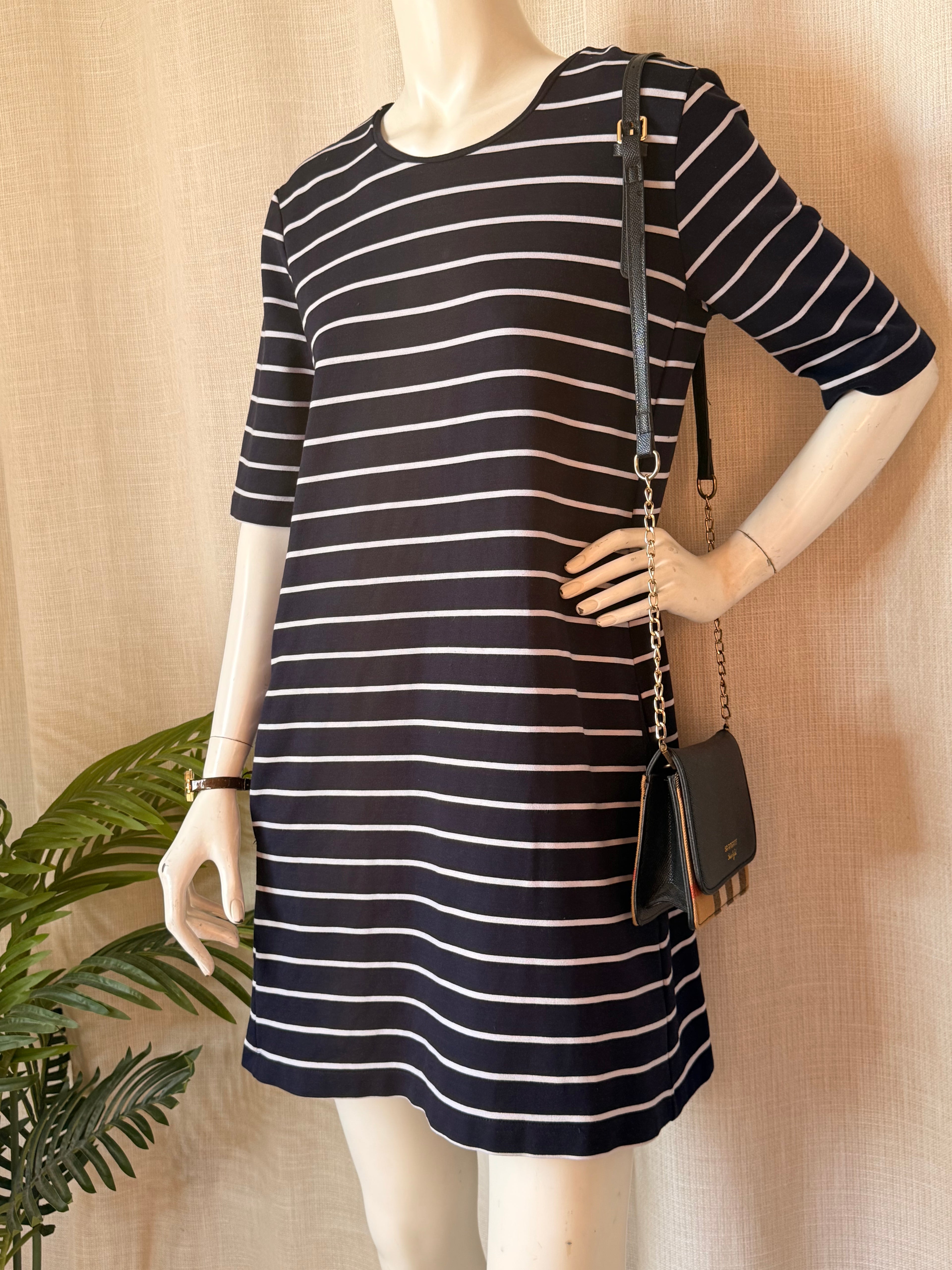 H&M Basic Navy Blue Striped Mini Dress with Pockets - Size M