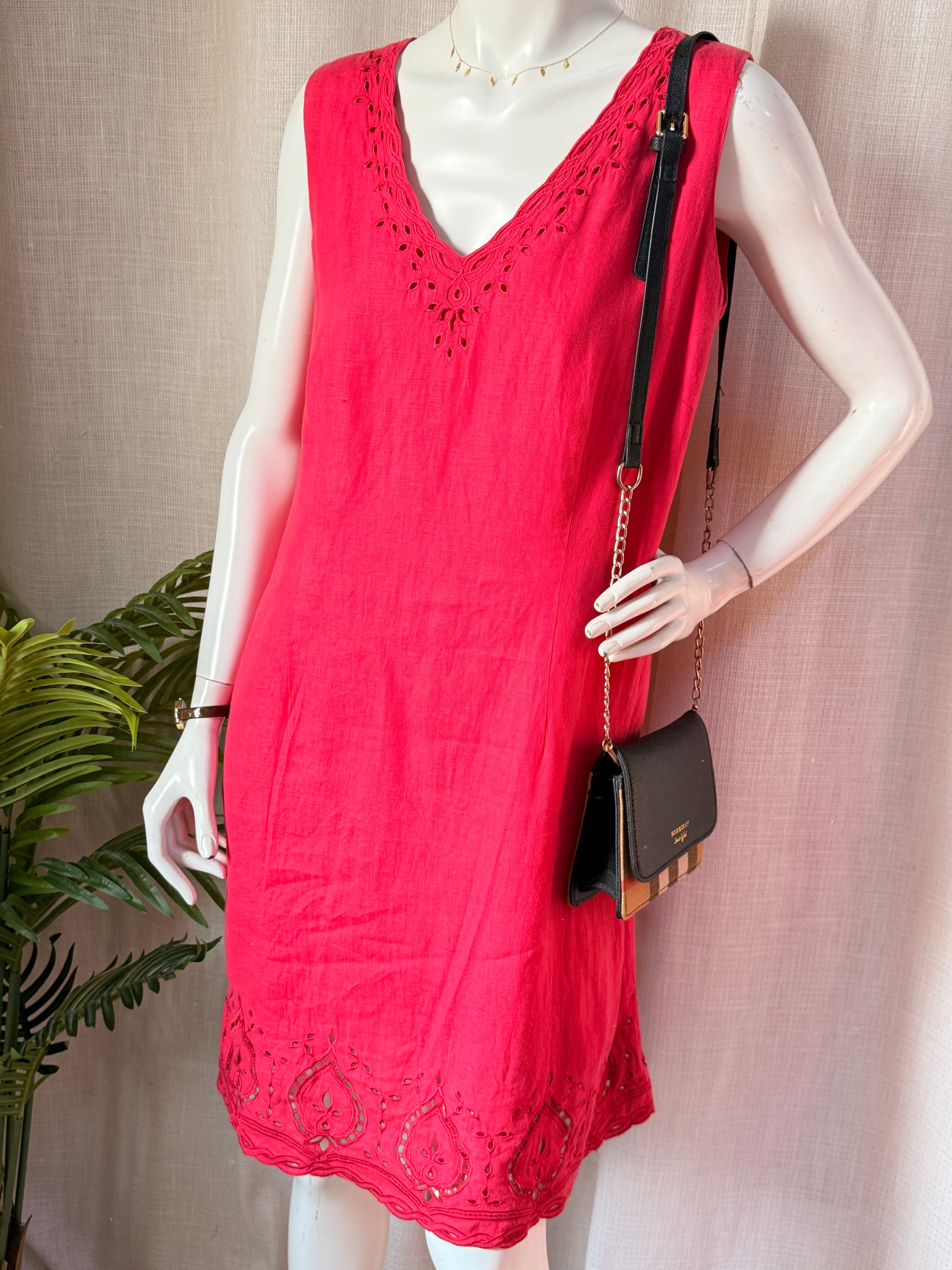 Punto Roma Red Linen Blend Embroidered Midi Shift Dress – EU 46 | UK 18