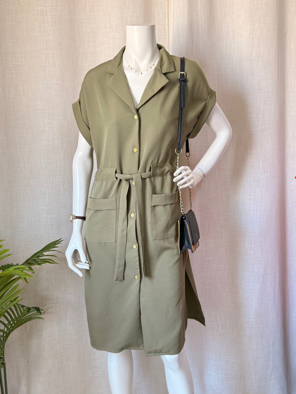 TEMT Collection Olive Green Short Sleeve Button-Down Shirt Dress (Size 8)