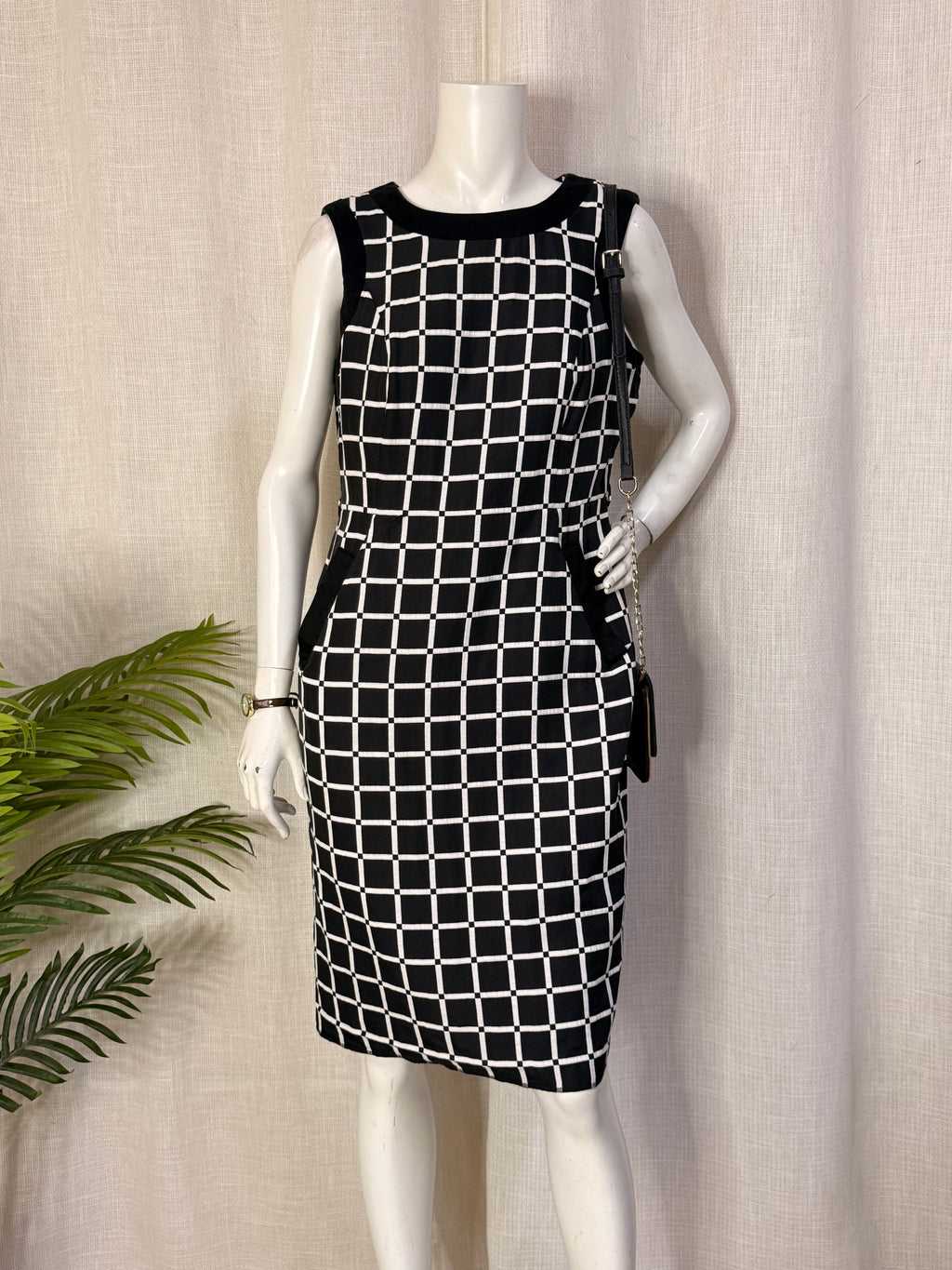Principles by Ben de Lisi Black & White Grid Check Midi Dress - Size UK 14 Large