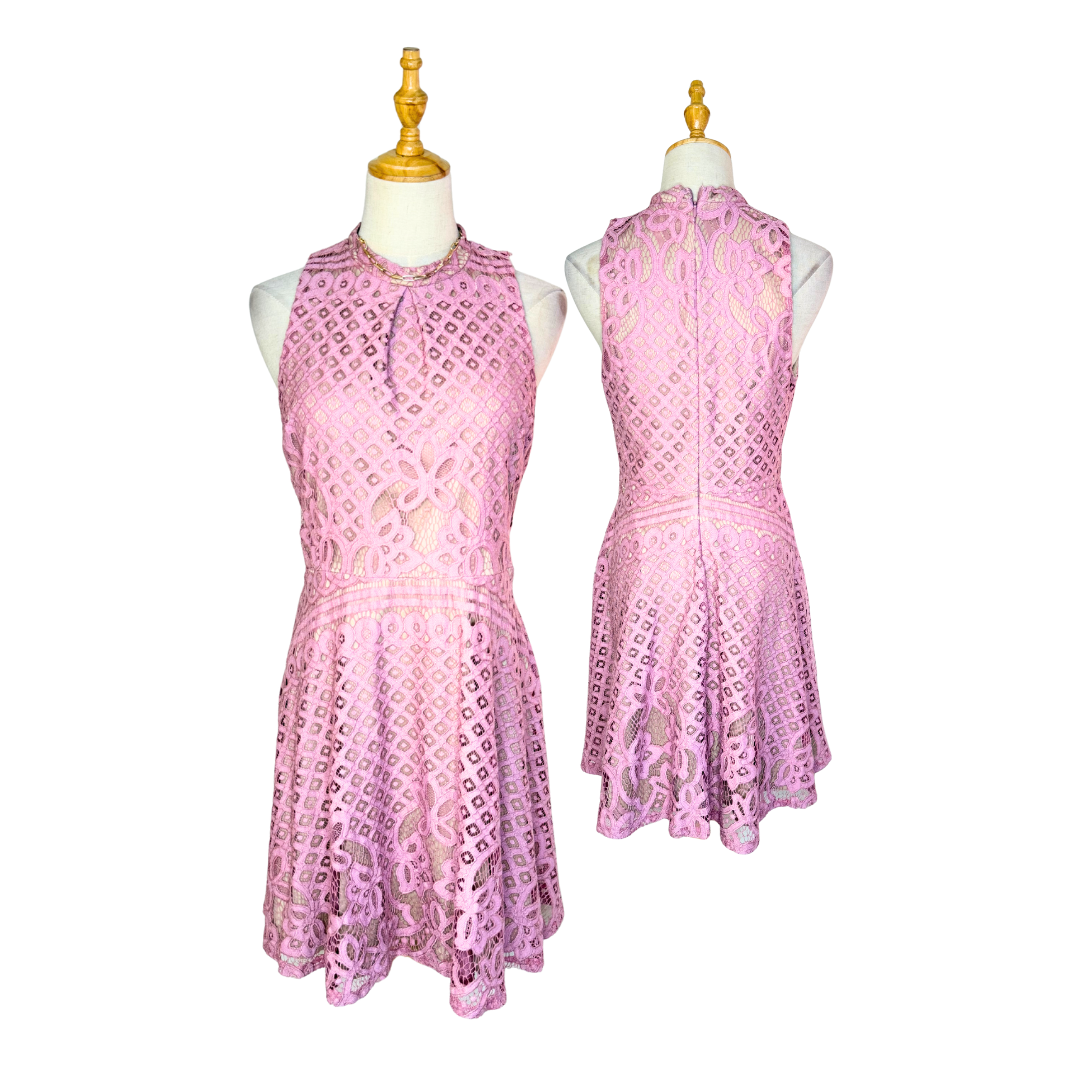 Love Fire Pink Crochet Lace High Neck Skater Dress | Large