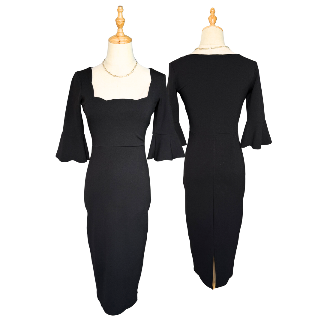 ASOS Black Square-Neck Bell-Sleeve Midi Dress | UK 4 (Preloved)