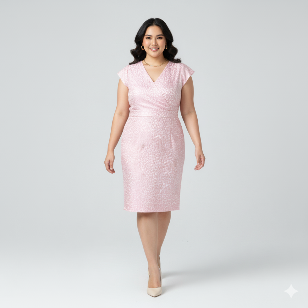 Marc Angelo Pink Jacquard Faux-Wrap Pencil Dress | UK 14