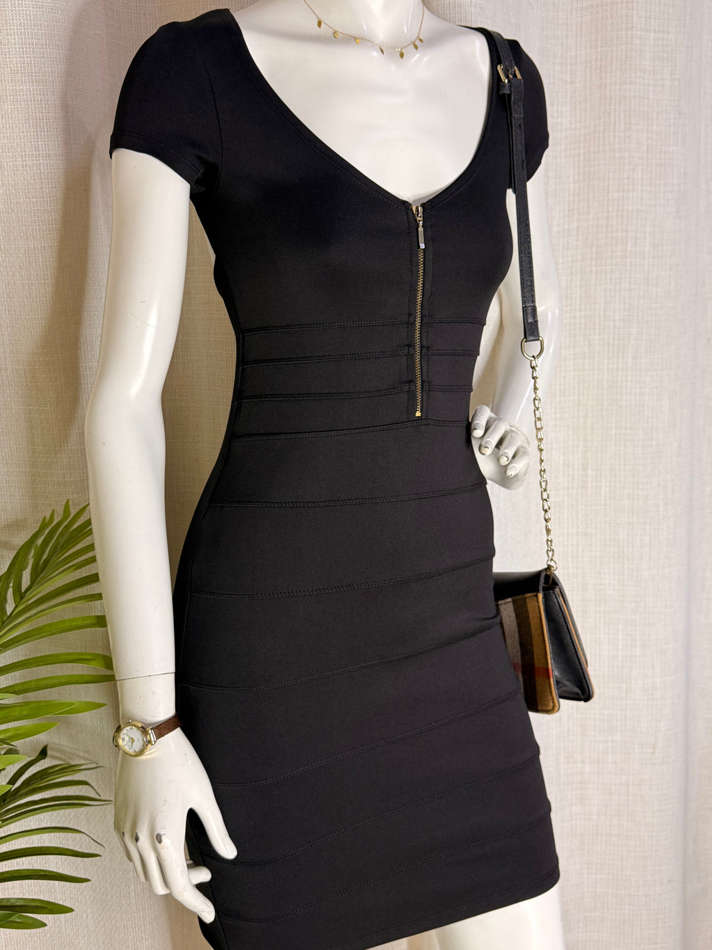 BERSHKA Collection Front-Zip Bandage Bodycon Dress - Classic Black (Size S)
