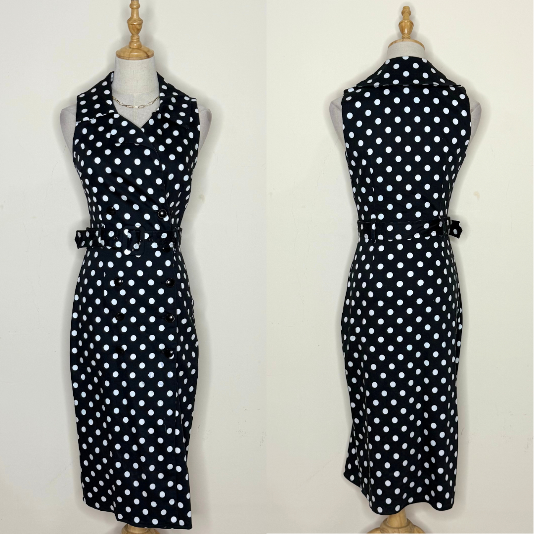 Black and White Polka Dot Midi Dress (Small)