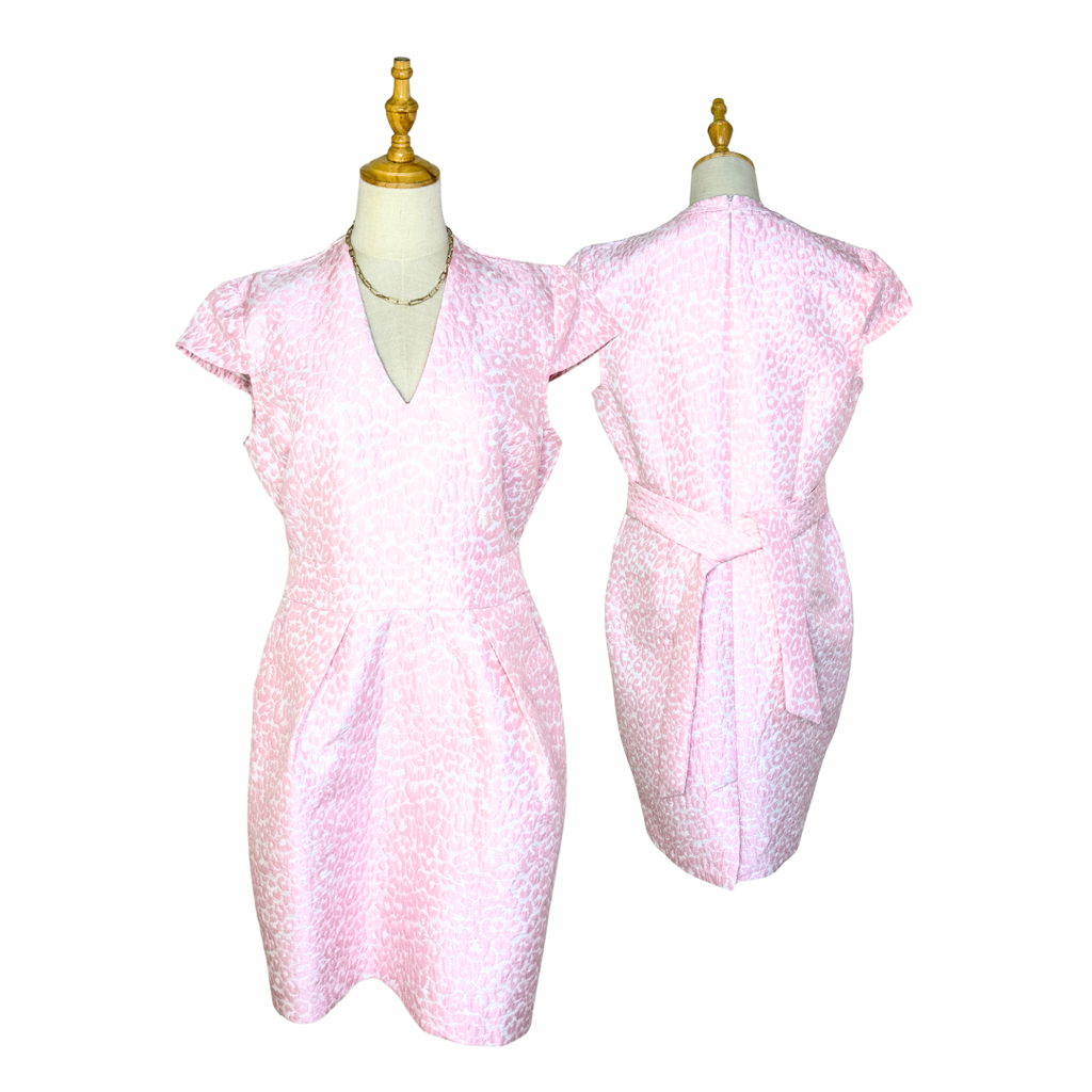 Marc Angelo Pink Jacquard Faux-Wrap Pencil Dress | UK 14