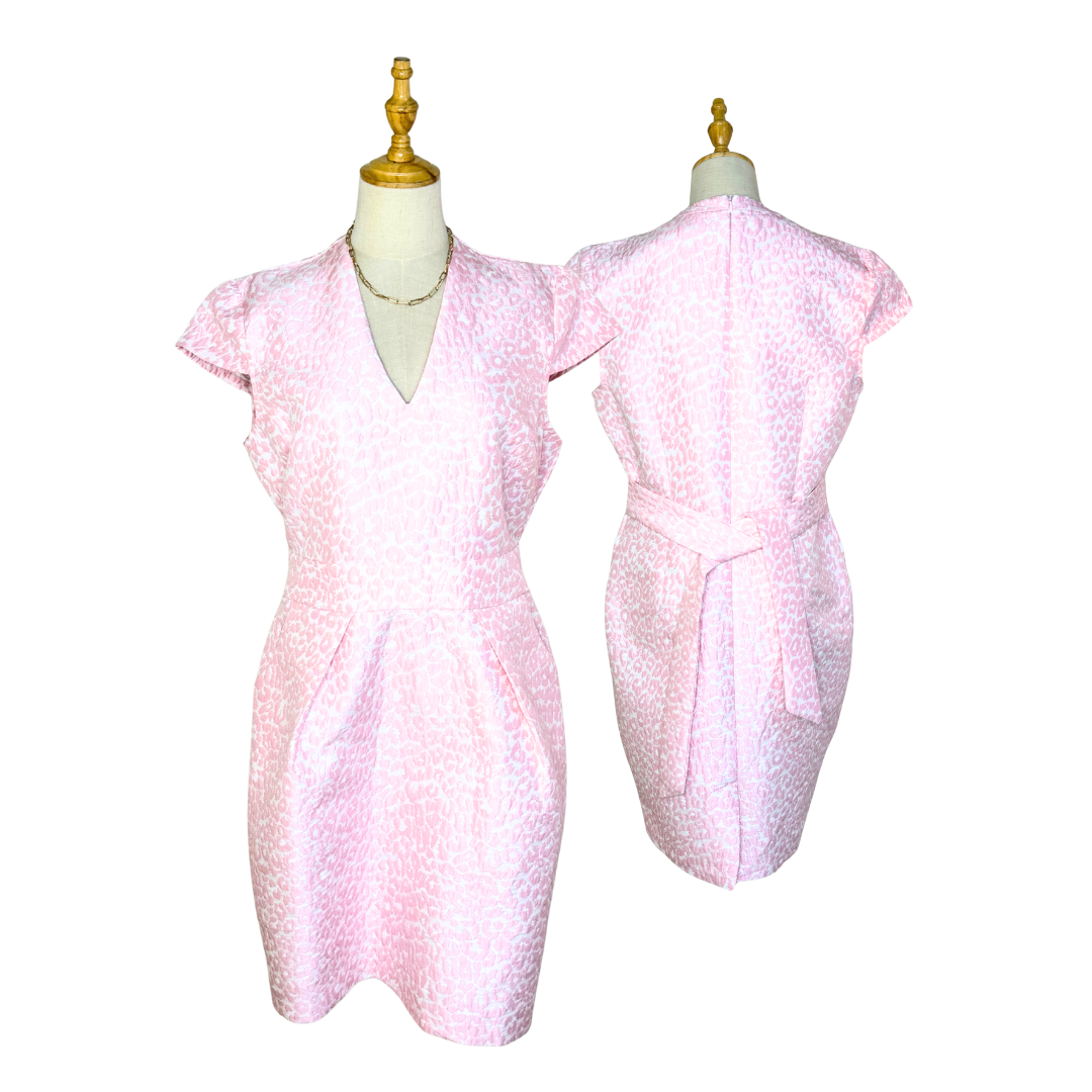 Marc Angelo Pink Jacquard Faux-Wrap Pencil Dress | UK 14