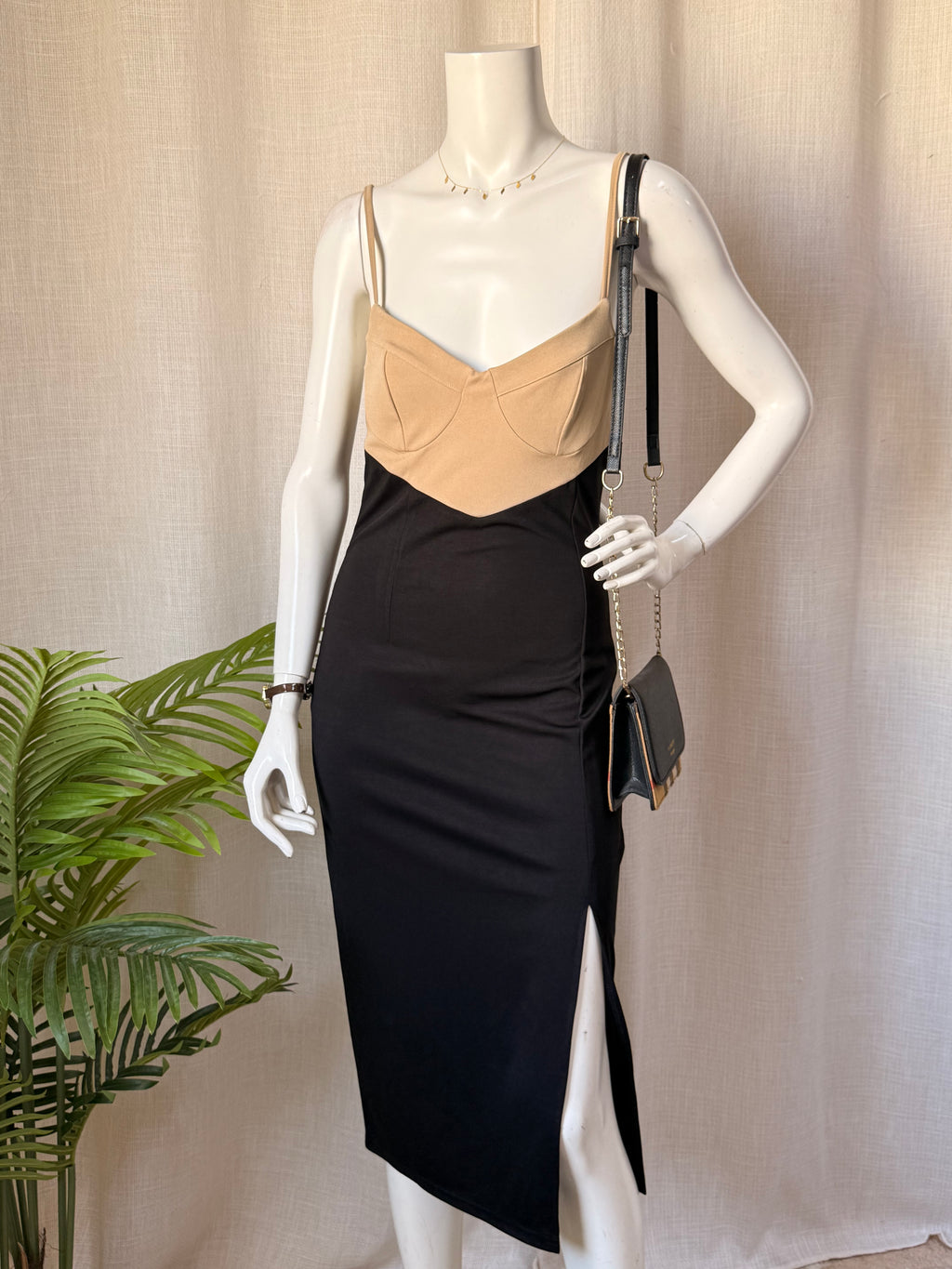 Two-Tone Corset Style Midi Dress in Beige & Black
