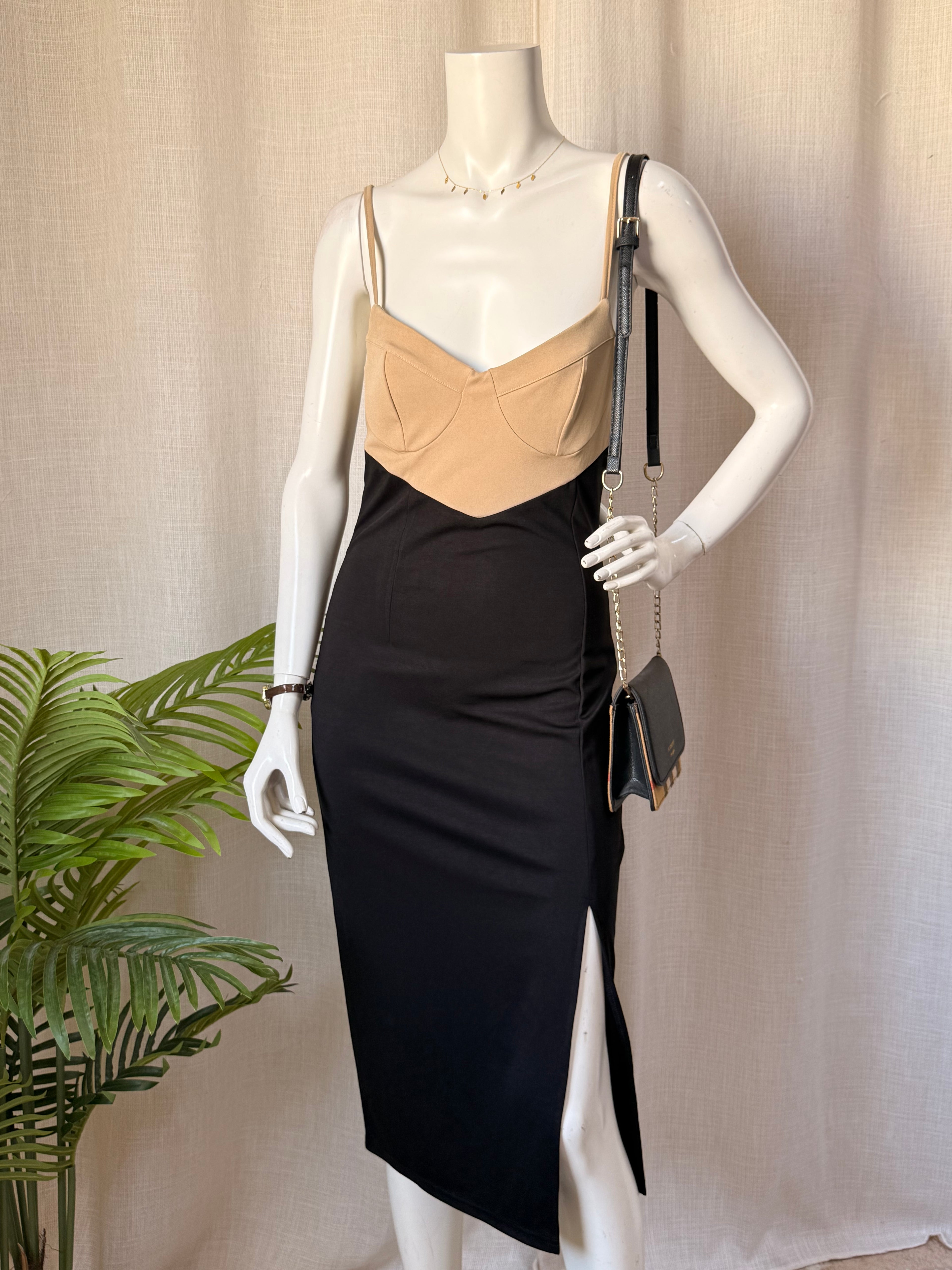 Two-Tone Corset Style Midi Dress in Beige & Black