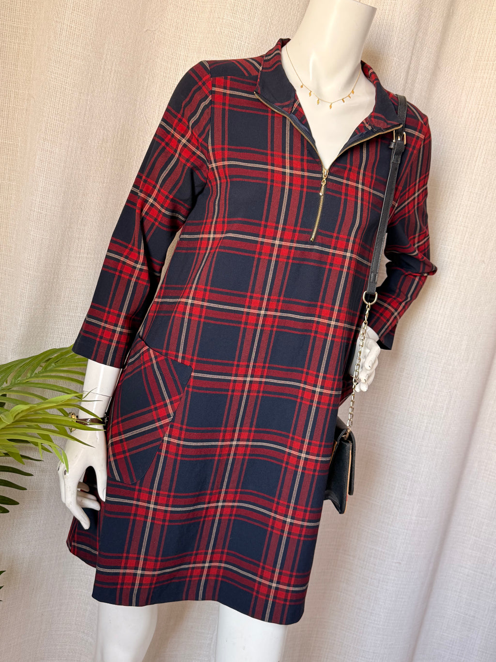 Authentic Zara Basic Navy & Red Plaid Zip Dress – Size S | Smart Casual Women’s Dress UAE
