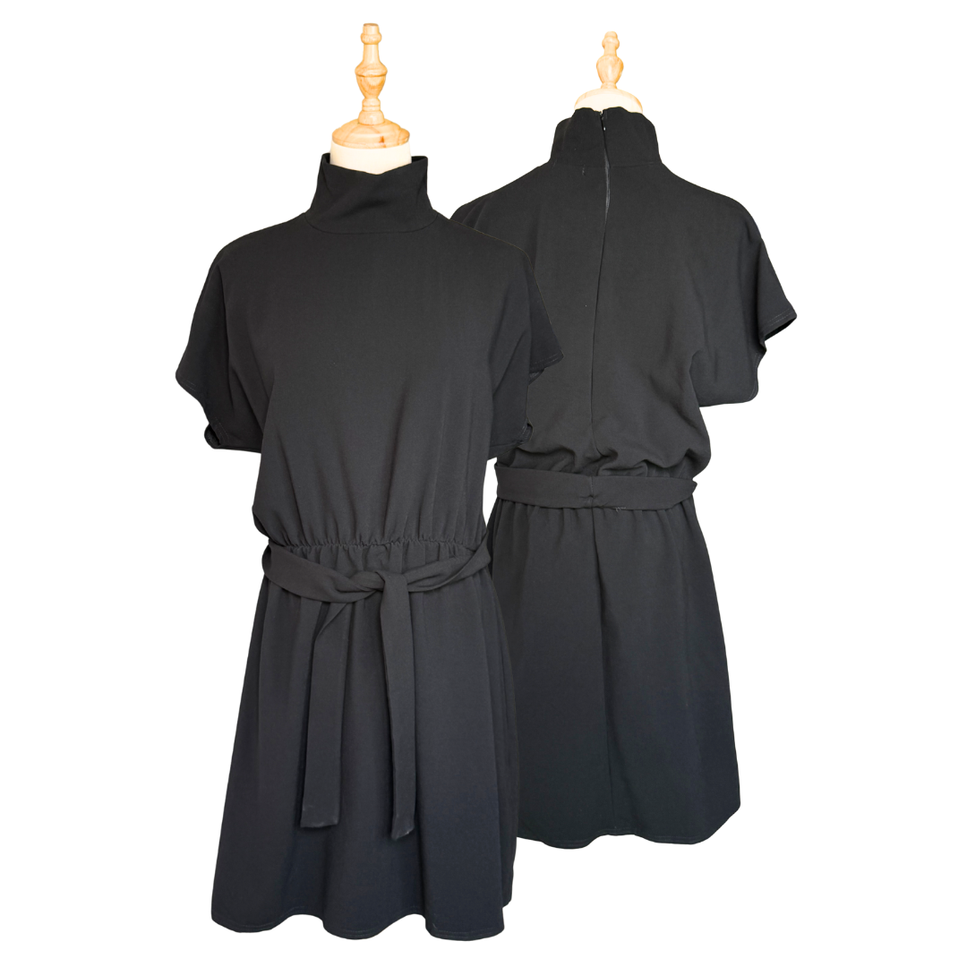 PrettyLittleThing Black High-Neck Tie-Waist Dress | UK 10 (Preloved)