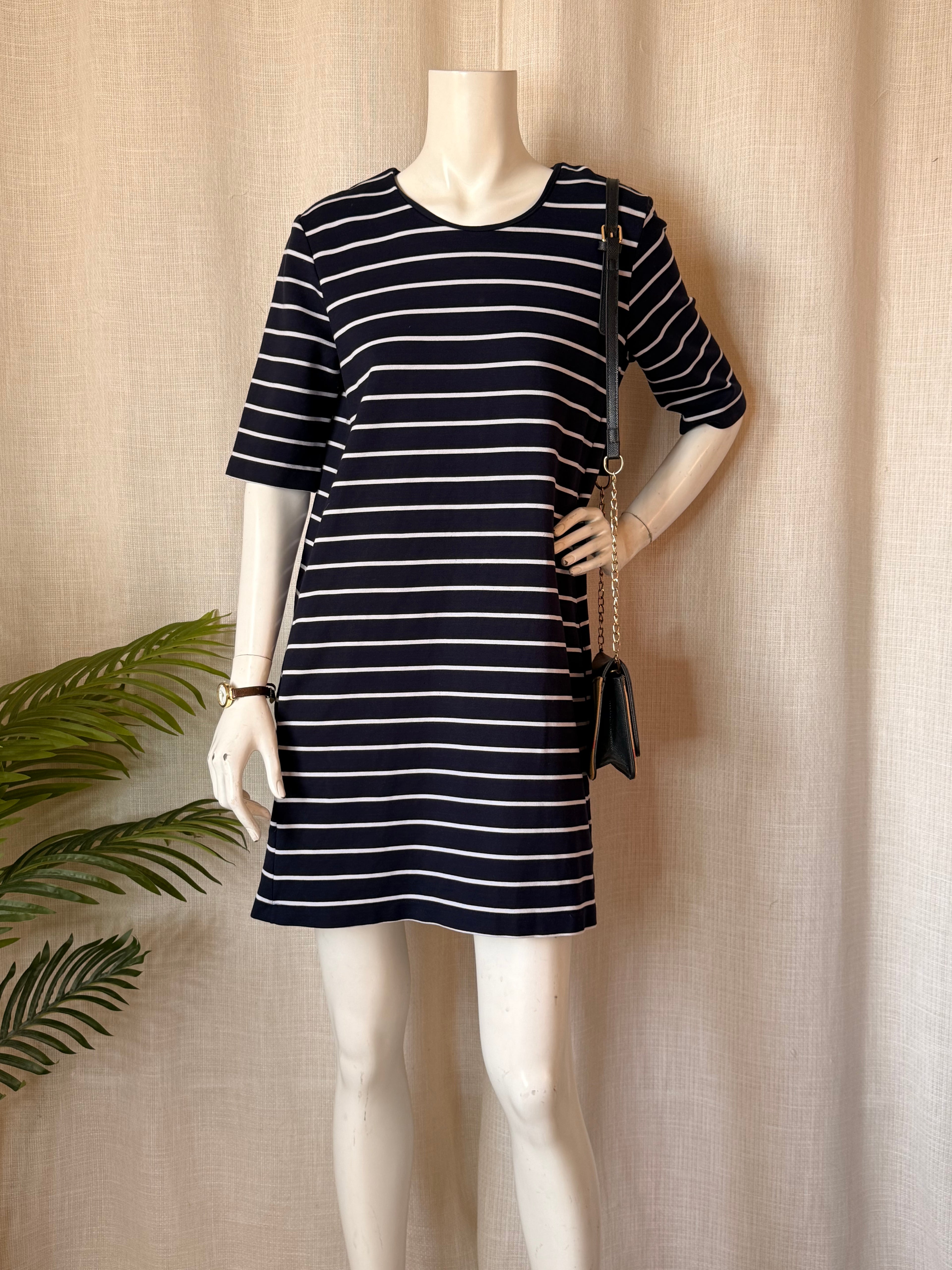 H&M Basic Navy Blue Striped Mini Dress with Pockets - Size M