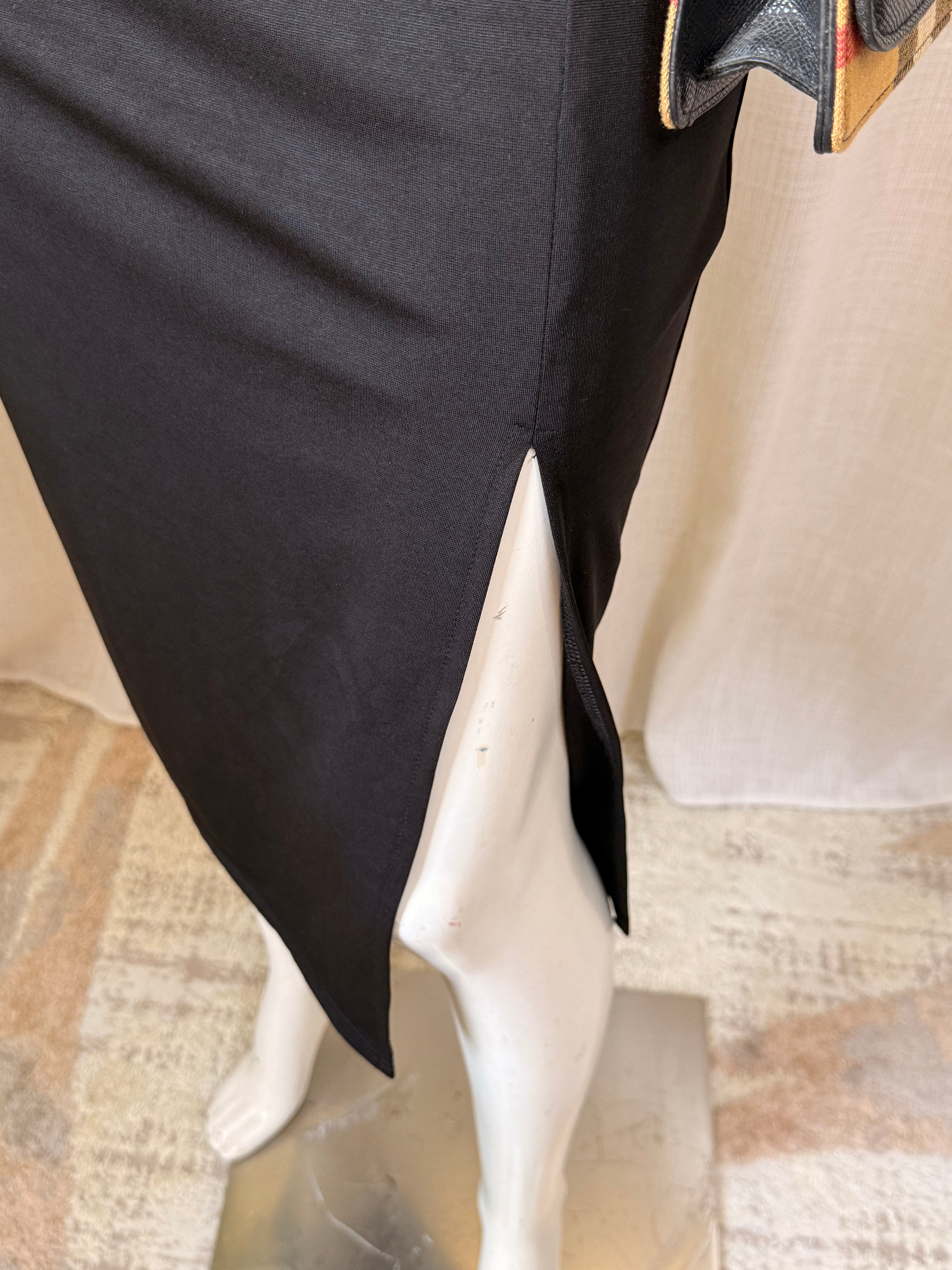 Elegant Square Neck Black Midi Dress with Side Slit