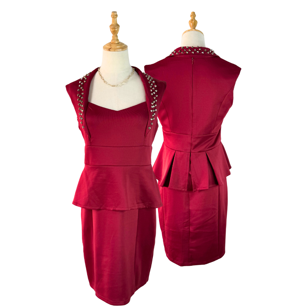 Glam Preloved QUIZ Wine Red Studded Peplum Occasion Dress - EU 42 | Dubai Party Wear