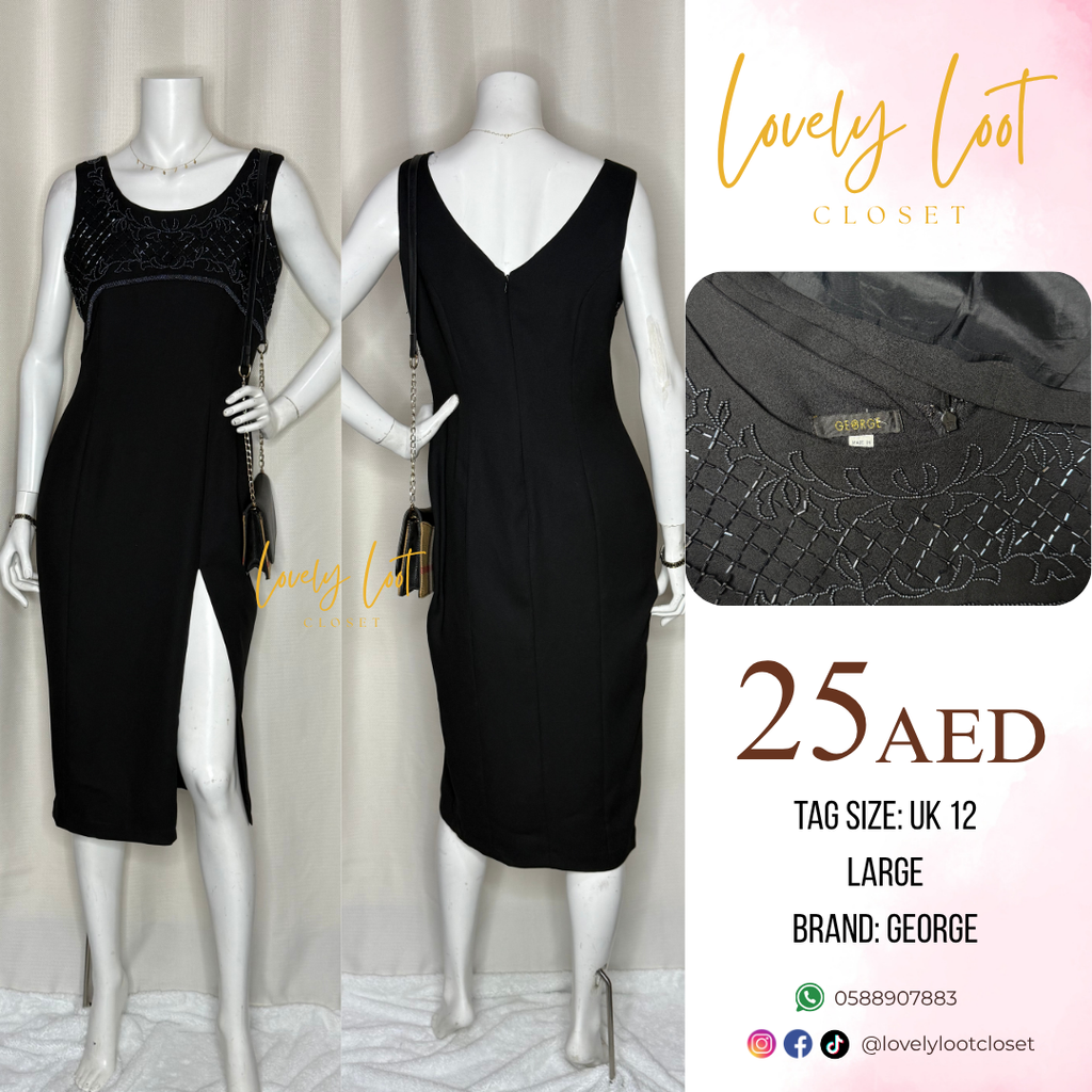 فستان جورج الأسود المزخرف (المملكة المتحدة 12 / L)