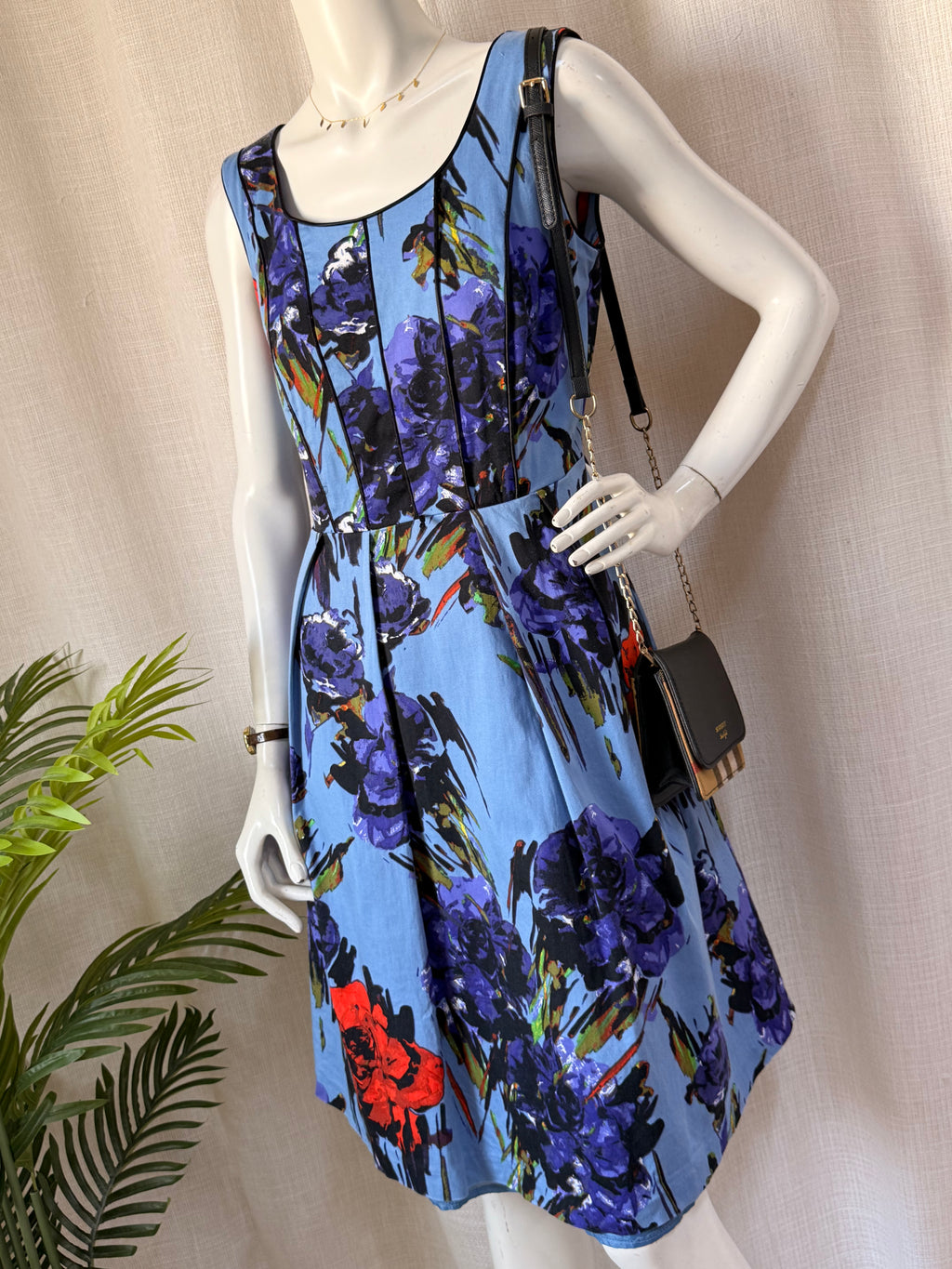 M&Co. Blue Floral Fit & Flare Dress - Size UK 10 - Artistic Print Midi with Tulle Underlay