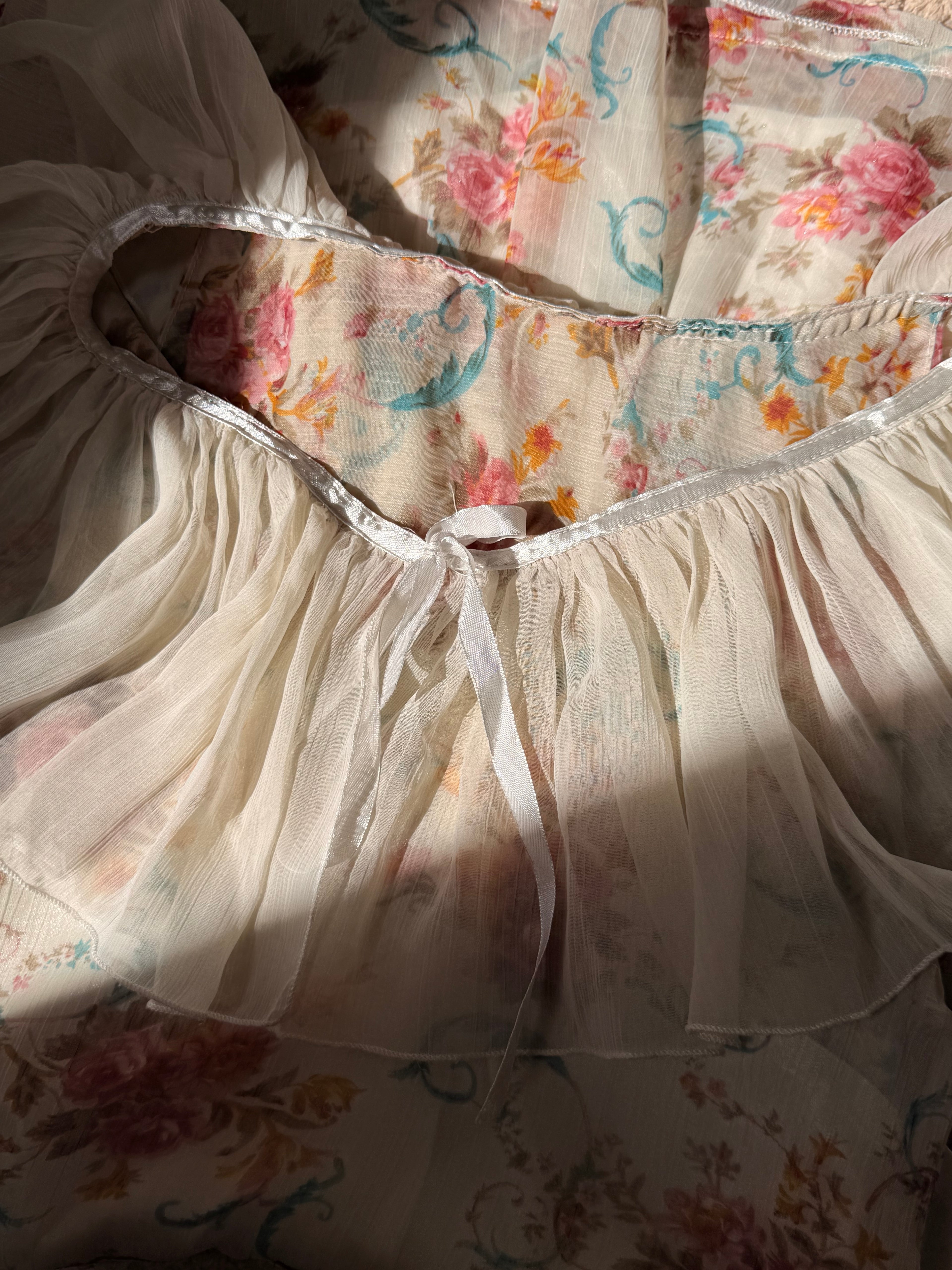 Vintage Floral Coquette Mini Dress - Sheer Ruffle Neckline & Drop Waist - Size Small