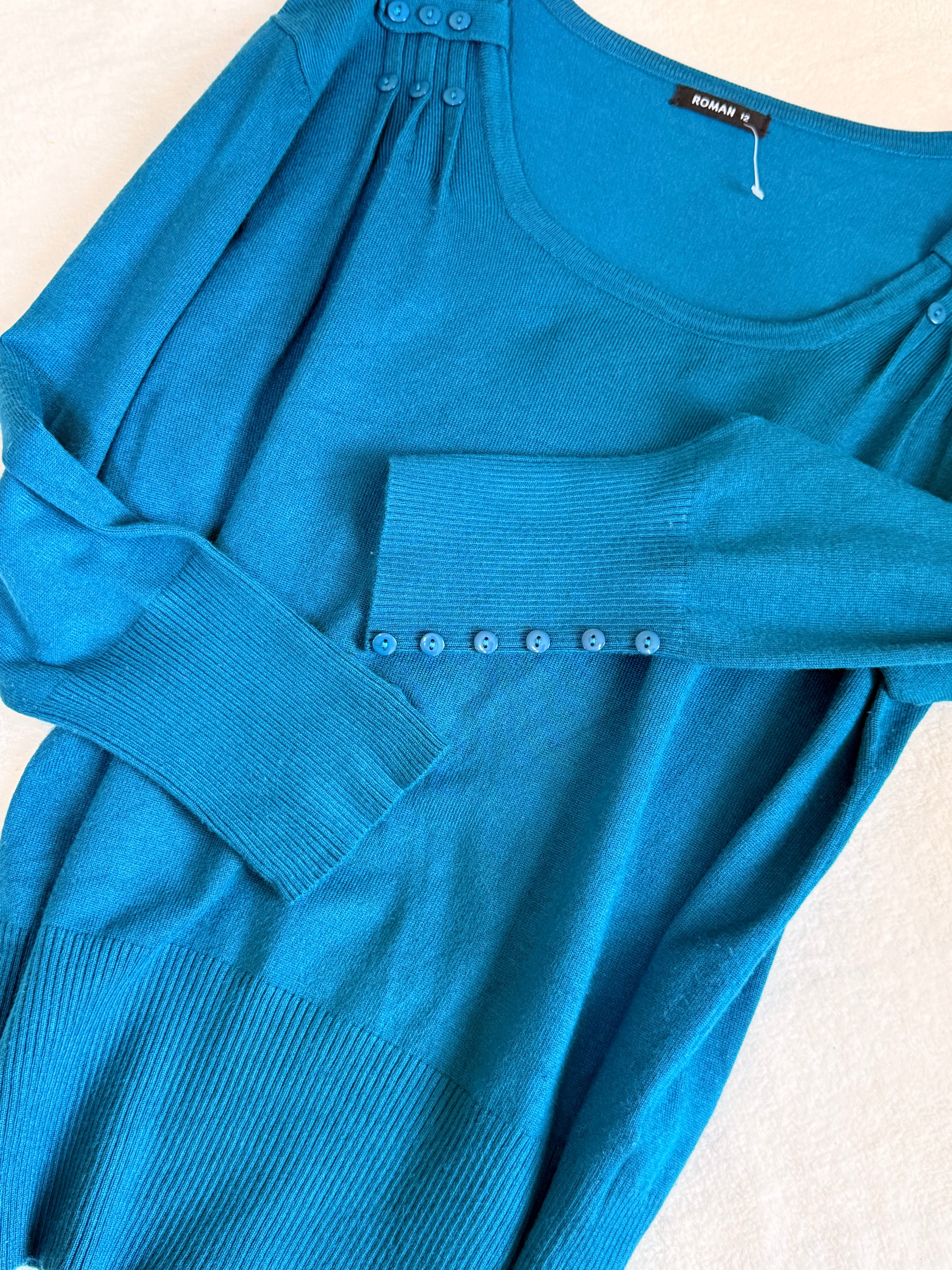 Roman Teal Button-Detail Knit Top | UK 12
