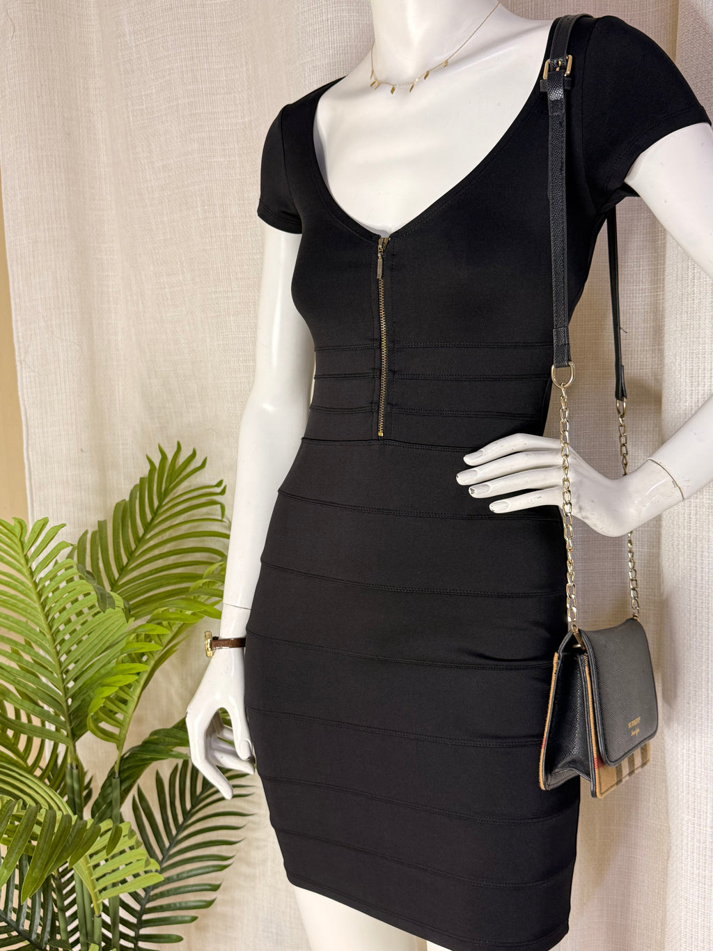 BERSHKA Collection Front-Zip Bandage Bodycon Dress - Classic Black (Size S)