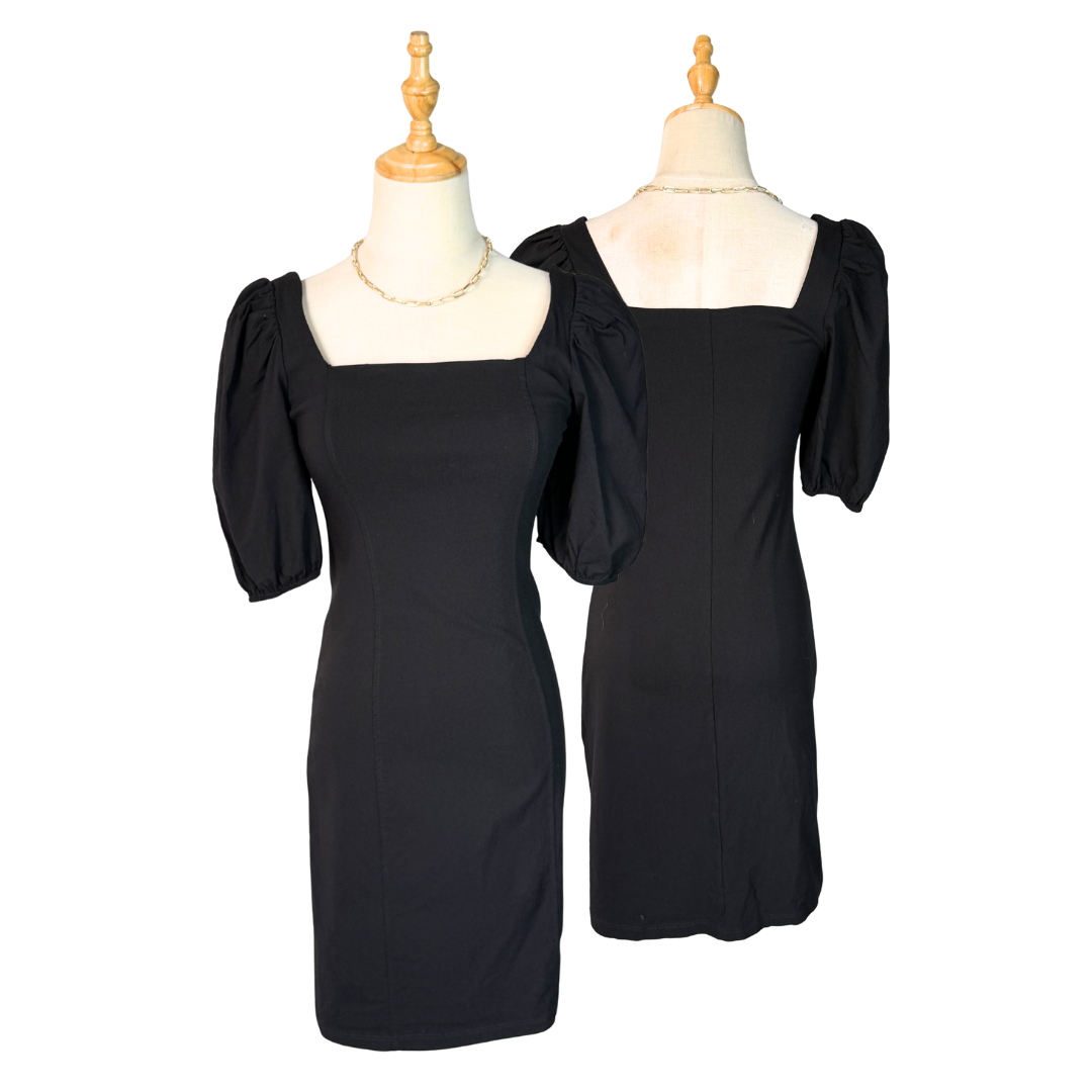 PRIMARK Black Square-Neck Puff-Sleeve Mini Dress | UK 10 (Preloved)